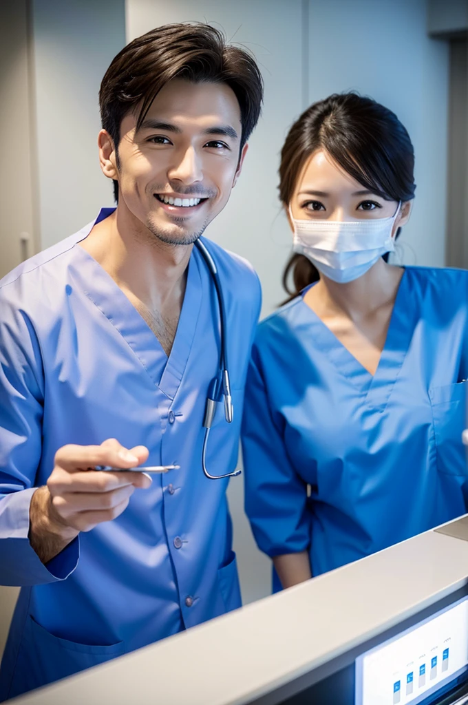 Male dentist and female dental hygienist 2people A good business partner 日本people系 Wearing a lab coat Wearing medical scrubs Upper body close-up high resolution high resolution Highest quality 日本people Harmony々