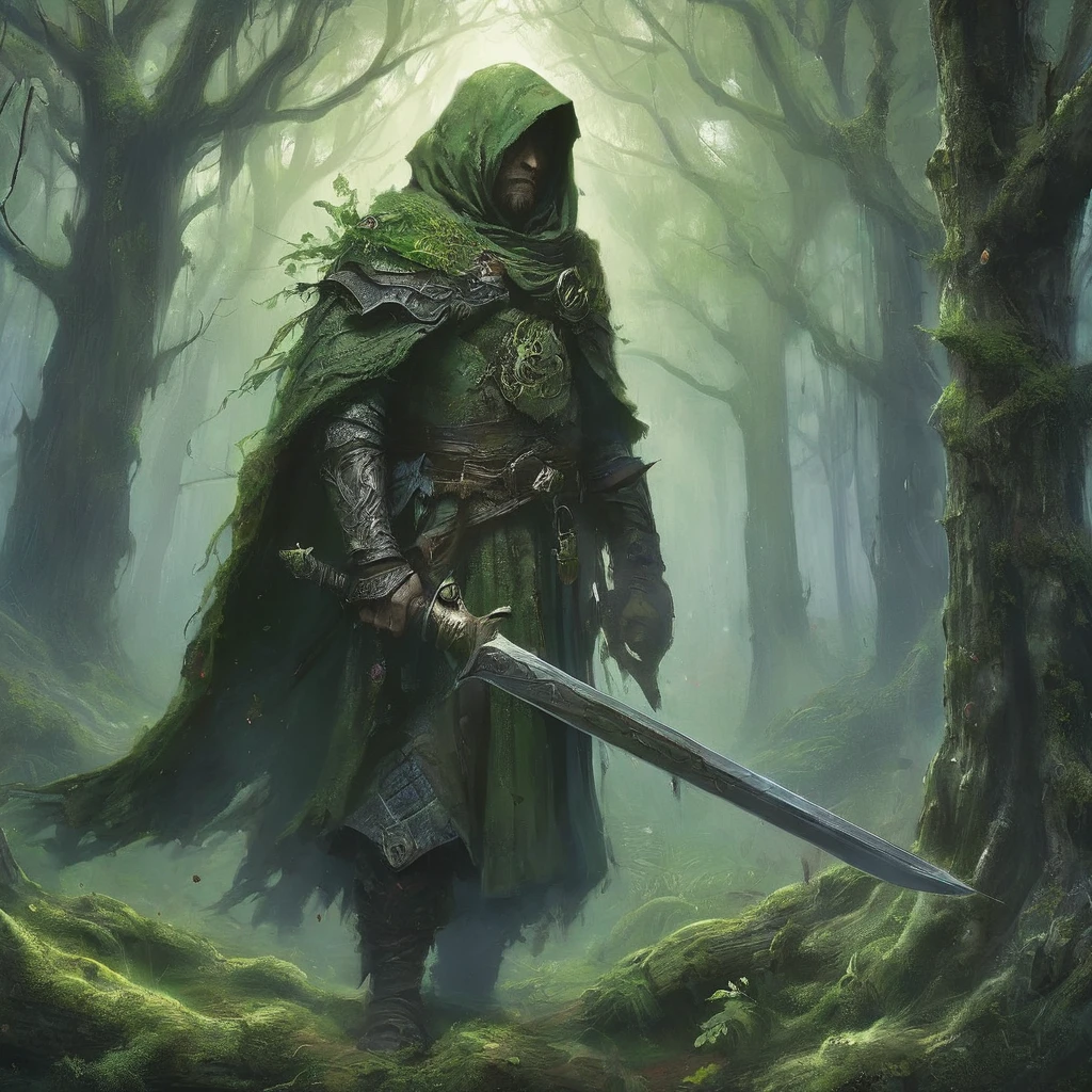 Amidst the ancient, towering trees of the Shadowwood Forest, a lone figure emerges from the mist, his short, curly brown hair tousled by the breeze. Clad in a rugged traveler's outfit of weathered leather and faded wool, adorned with patches and subtle embroidery of forgotten runes, he stands at the forest's edge, his gaze fixed on the distant horizon.
His cloak, a deep shade of forest green, billows gently behind him, revealing the faint glint of a hidden dagger strapped to his belt. The hilt of a sword peeks over his shoulder, its blade etched with runes of protection against the forest's dark magic.
Around him, the air hums with the secrets of ages past, and the trees seem to whisper ancient incantations. He is no stranger to the perils of the Shadowwood—its twisting paths, elusive spirits, and lurking creatures that blend seamlessly with the shadows. Yet, he presses on with a determination fueled by a quest for lost knowledge or a mission sworn to an ancient oath.
As he pauses to survey the forest's depths, shafts of pale moonlight filter through the canopy, casting an ethereal glow on the moss-covered ground. With each step deeper into the unknown, he inches closer to uncovering the forest's mysteries—be they the key to saving a kingdom or unlocking his own destiny in this realm of dark medieval fantasy."
