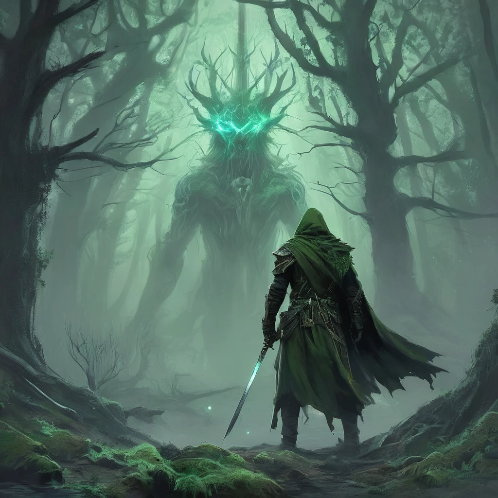 Amidst the ancient, towering trees of the Shadowwood Forest, a lone figure emerges from the mist, his short, curly brown hair tousled by the breeze. Clad in a rugged traveler's outfit of weathered leather and faded wool, adorned with patches and subtle embroidery of forgotten runes, he stands at the forest's edge, his gaze fixed on the distant horizon.
His cloak, a deep shade of forest green, billows gently behind him, revealing the faint glint of a hidden dagger strapped to his belt. The hilt of a sword peeks over his shoulder, its blade etched with runes of protection against the forest's dark magic.
Around him, the air hums with the secrets of ages past, and the trees seem to whisper ancient incantations. He is no stranger to the perils of the Shadowwood—its twisting paths, elusive spirits, and lurking creatures that blend seamlessly with the shadows. Yet, he presses on with a determination fueled by a quest for lost knowledge or a mission sworn to an ancient oath.
As he pauses to survey the forest's depths, shafts of pale moonlight filter through the canopy, casting an ethereal glow on the moss-covered ground. With each step deeper into the unknown, he inches closer to uncovering the forest's mysteries—be they the key to saving a kingdom or unlocking his own destiny in this realm of dark medieval fantasy."