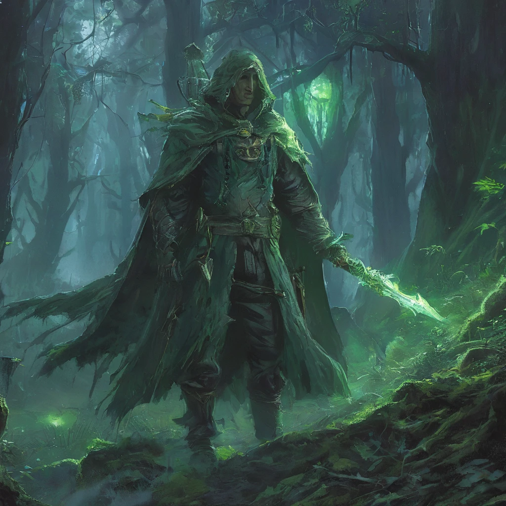Amidst the ancient, towering trees of the Shadowwood Forest, a lone figure emerges from the mist, his short, curly brown hair tousled by the breeze. Clad in a rugged traveler's outfit of weathered leather and faded wool, adorned with patches and subtle embroidery of forgotten runes, he stands at the forest's edge, his gaze fixed on the distant horizon.

His cloak, a deep shade of forest green, billows gently behind him, revealing the faint glint of a hidden dagger strapped to his belt. The hilt of a sword peeks over his shoulder, its blade etched with runes of protection against the forest's dark magic.

Around him, the air hums with the secrets of ages past, and the trees seem to whisper ancient incantations. He is no stranger to the perils of the Shadowwood—its twisting paths, elusive spirits, and lurking creatures that blend seamlessly with the shadows. Yet, he presses on with a determination fueled by a quest for lost knowledge or a mission sworn to an ancient oath.

As he pauses to survey the forest's depths, shafts of pale moonlight filter through the canopy, casting an ethereal glow on the moss-covered ground. With each step deeper into the unknown, he inches closer to uncovering the forest's mysteries—be they the key to saving a kingdom or unlocking his own destiny in this realm of dark medieval fantasy."