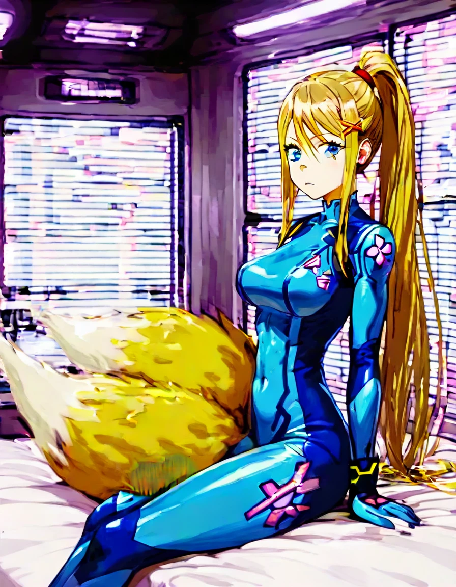 An anthro furry fox girl, yellow fox, tall, slender, thick thighs, snout, black nose, fox tail, BREAK (Samus Aran, zero suit Samus), ((blue eyes)), (blue sci-fi suit:1), blonde hair, long ponytail, (tactical suit), bangs hair, in a futuristic bedroom, (highly detailed:1.2),(detailed face:1.2))),