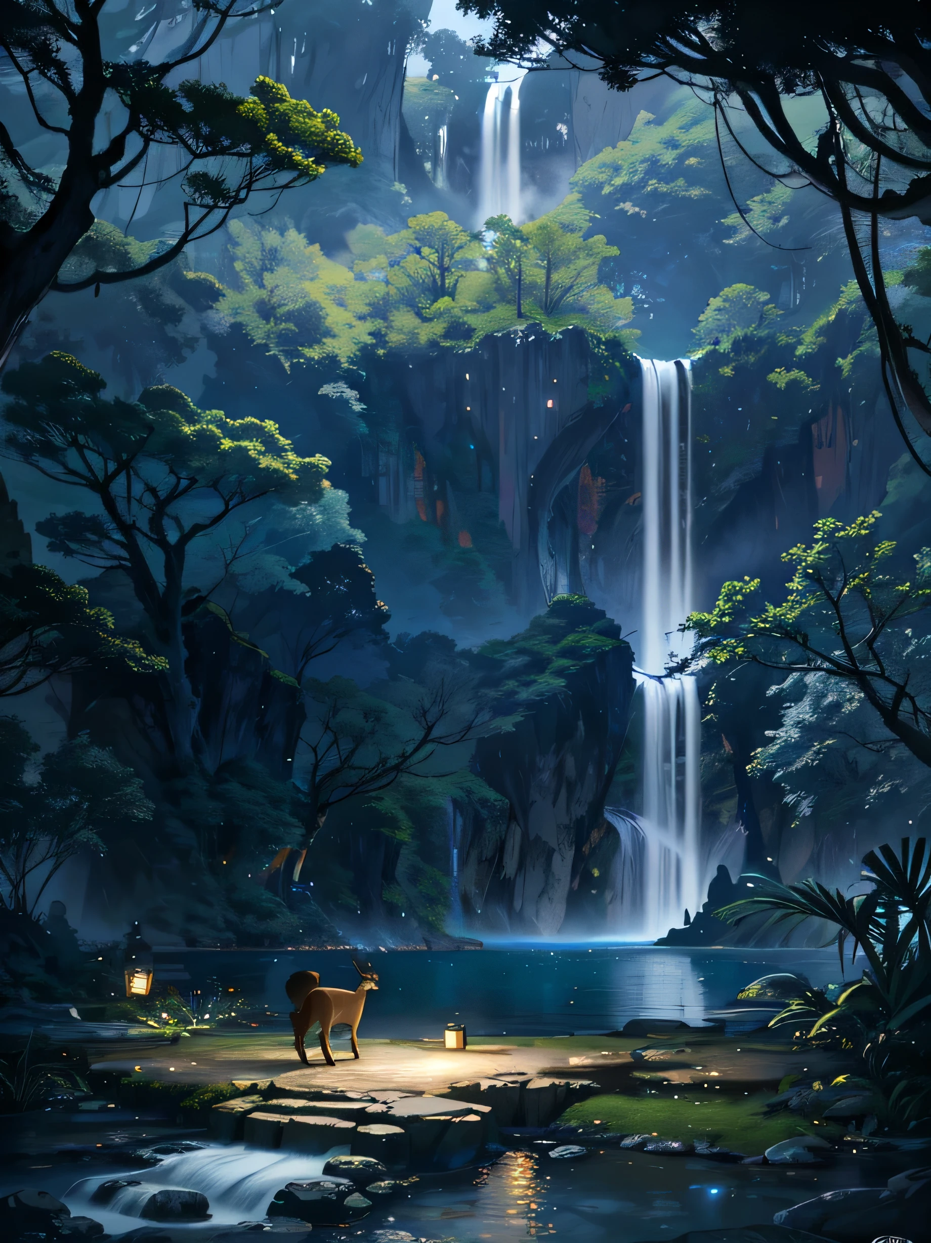 Nighttime, Moonlit night, dark sky, china ancient, spring, jungle, lake, cave, waterfall, tree, grassland, rock, deer, hot spring, vapor, small oriental building, (illustration: 1.0), Narrative composition, realistic lighting, HD detail, masterpiece, best quality, (Highly detailed CG integrated 8k wallpaper)