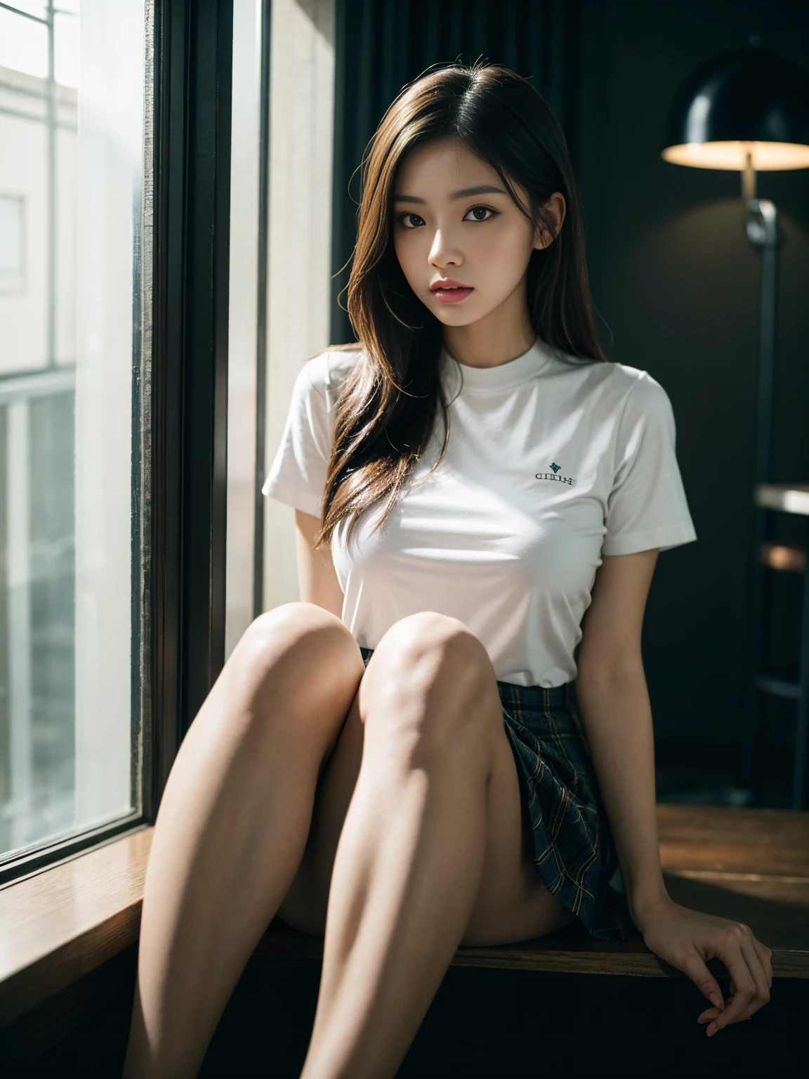 ultra Realistic 8k cg, picture-Perfect Face, Perfect facial expression,Very detailed_eye,Thick thighs,Large Breasts, Beautiful, clean, masterpiece, Professional artwork, Famous works of art, Perfect Face, Beautiful Face, beautiful eye, ((Perfect female body)), alone,(Immersive atmosphere, Chiaroscuro:1.5,Bright light:1.2,Bright lighting) ,,(blush:0.5),Fascinatingly detailed backgrounds,Depth of written boundary,Realistic:1.3, Long Shot,1 Girl,shirt,Tartan Check Pleated Skirt, , Sitting, whole body, (ambient light:1.3),(Cinematic composition:1.3),(Neon Light:0.1),(HDR:0.1),Accent lighting,Thick black pantyhose ,Unprotected lower body、her fashion and expressions、Maintaining the perfect balance between eros and elegance、It draws the viewer in and doesn't let go.。Through this scene、Express her charm to the fullest。