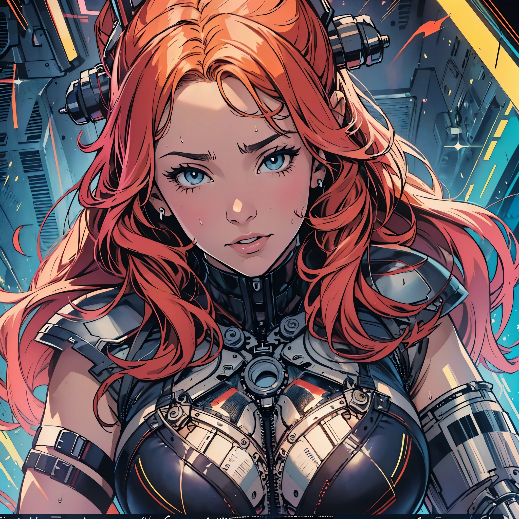 (((ultimate best quality))),((((solo:1.2)))),((((1girl:1.2)))),((((beautiful perfect woman)))),(((detailed perfect body, detailed perfect finger))),((((((ultimate movie poster)))))),(((bust up, close up))),((((detailed complicated machine)))),(((((genius mechanical))))),(((American comics))),(((extreme highlights))),(((Extremely colorful, primary colors))),(cleavage),(super beautiful lady),(((typography))),(((various angles))),(((Sweat dripping down her chest)))