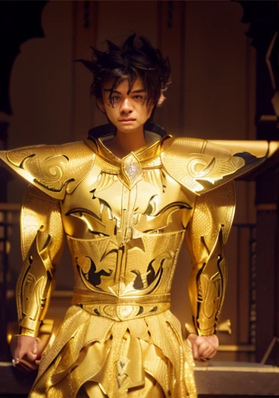 <realistic, intricate details, 4k, uhd, masterpiece, photo realistic), a beautiful boy, with golden armour, beautiful intricate friezes
