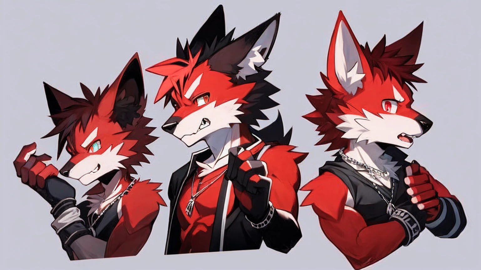 demon,Wolf Tribe,juvenile,Red fur,demon角,Silver necklace,Fingerless gloves,Sportswear,Simple background