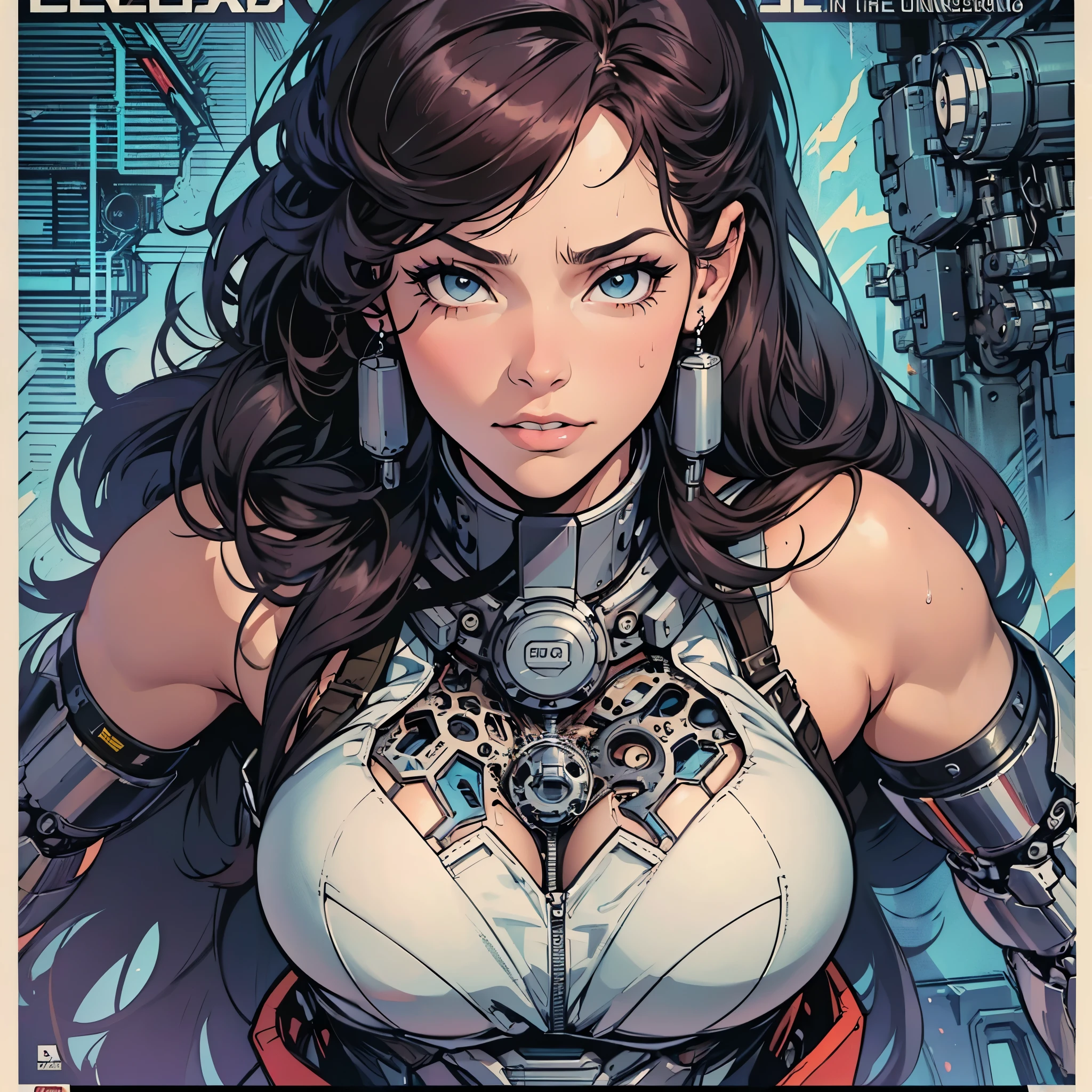 (((ultimate best quality))),((((solo:1.2)))),((((1girl:1.2)))),((((beautiful perfect woman)))),(((detailed perfect body, detailed perfect finger))),((((((ultimate movie poster)))))),(((bust up, close up))),((((detailed complicated machine)))),(((((genius mechanical))))),(((American comics))),(((extreme highlights))),(((Extremely colorful, primary colors))),(cleavage),(super beautiful lady),(((typography))),(((various angles))),(((Sweat dripping down her chest)))