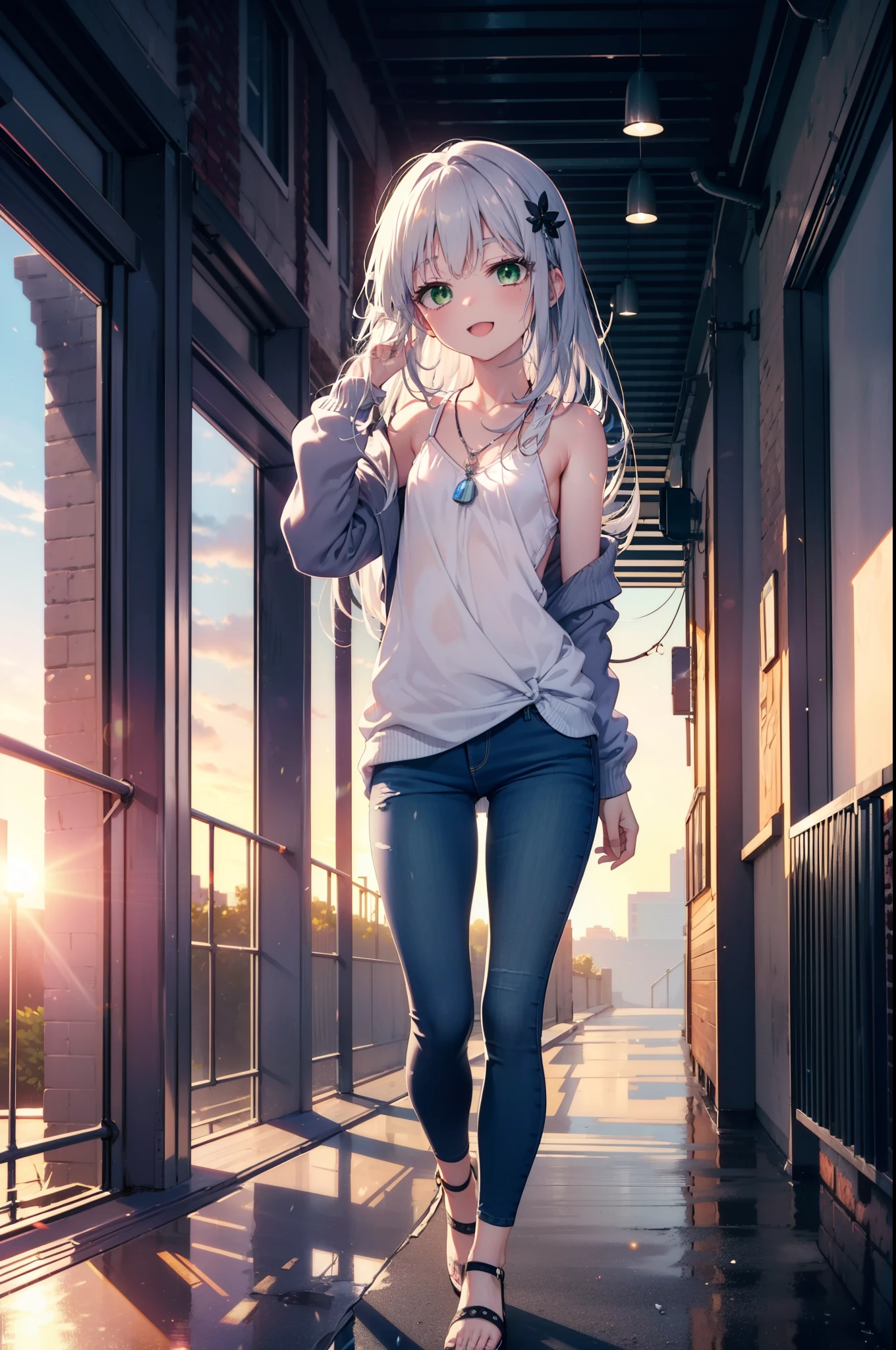 index, index, (Green Eyes:1.5), Silver Hair, Long Hair, (Flat Chest:1.2)happy smile, smile, Open your mouth,v neck tank top shirt,Skinny jeans,Cute Sandals,Rocket Pendant,Walking,Sunset,evening,The sun is setting,whole bodyがイラストに入るように,
break looking at viewer, whole body,
break outdoors, Building district,
break (masterpiece:1.2), Highest quality, High resolution, unity 8k wallpaper, (figure:0.8), (Beautiful attention to detail:1.6), Highly detailed face, Perfect lighting, Highly detailed CG, (Perfect hands, Perfect Anatomy),