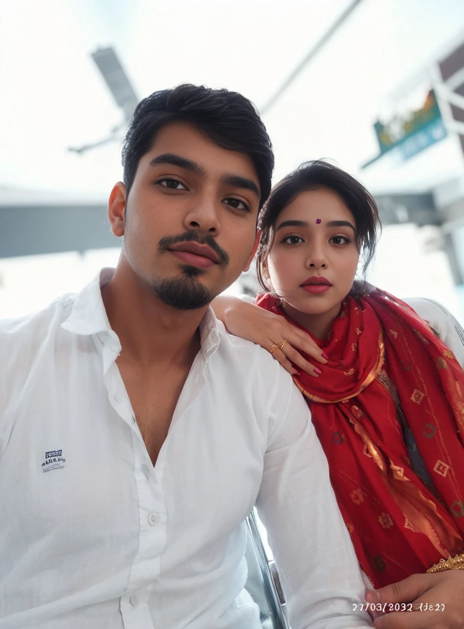 (((desi girl))), chubby face, natural skin, wearing hot deep neck top and dupatta, charming black hair, ((hair ends are blonde)), city streets background, bokeh