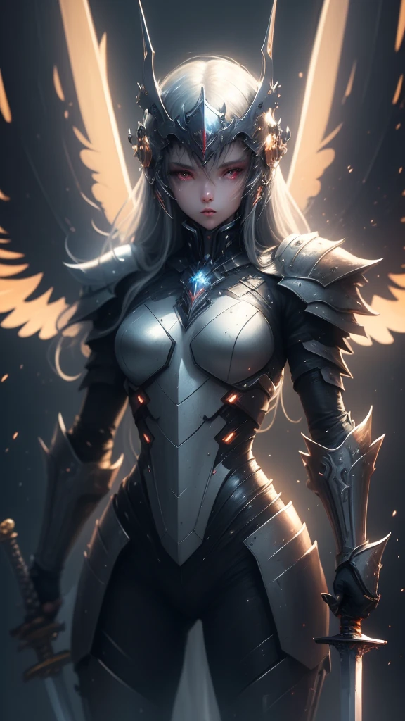 (masterpiece, best quality:1.3),extremely high detailed, intricate, 8k, HDR, wallpaper, cinematic lighting, (universe),(holding sword:1.3), glowing, armor, glowing eyes, mecha, large wings,