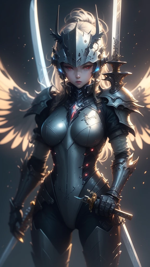 (masterpiece, best quality:1.3),extremely high detailed, intricate, 8k, HDR, wallpaper, cinematic lighting, (universe),(holding sword:1.3), glowing, armor, glowing eyes, mecha, large wings,
