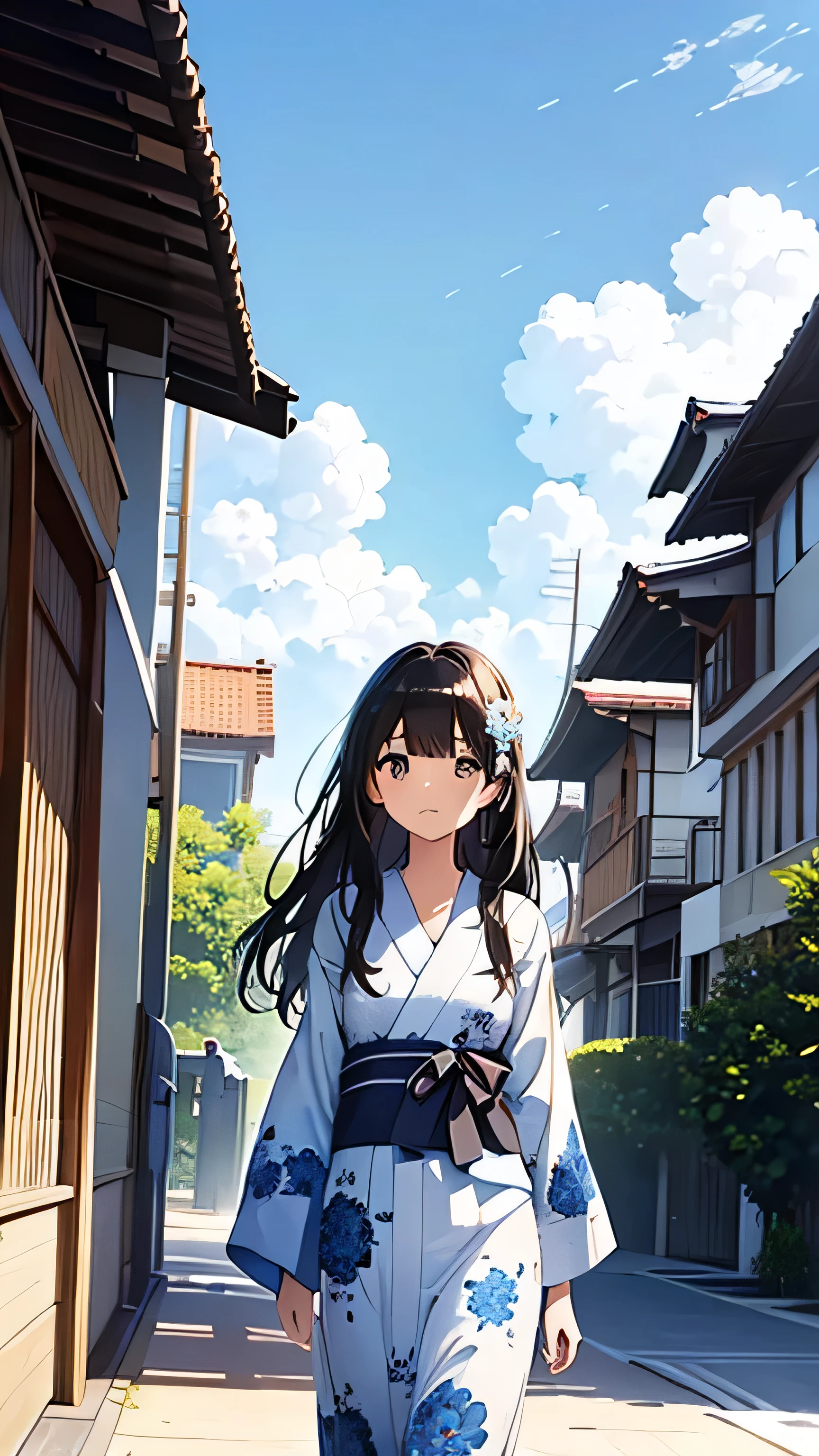 ((Highest quality)), ((masterpiece)), (detailed), One girl, 
Two black-haired girls, sisters, standing on the staircase of a beach in the summer、Blue and white patterned summer yukata、blue sky、morning、Breeze、refreshing、