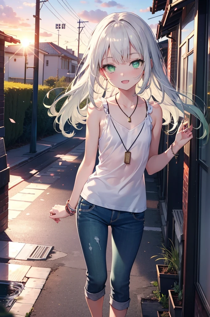 index, index, (Green Eyes:1.5), Silver Hair, Long Hair, (Flat Chest:1.2)happy smile, smile, Open your mouth,v neck tank top shirt,Skinny jeans,Cute Sandals,Rocket Pendant,Walking,Sunset,evening,The sun is setting,whole bodyがイラストに入るように,
break looking at viewer, whole body,
break outdoors, Building district,
break (masterpiece:1.2), Highest quality, High resolution, unity 8k wallpaper, (figure:0.8), (Beautiful attention to detail:1.6), Highly detailed face, Perfect lighting, Highly detailed CG, (Perfect hands, Perfect Anatomy),
