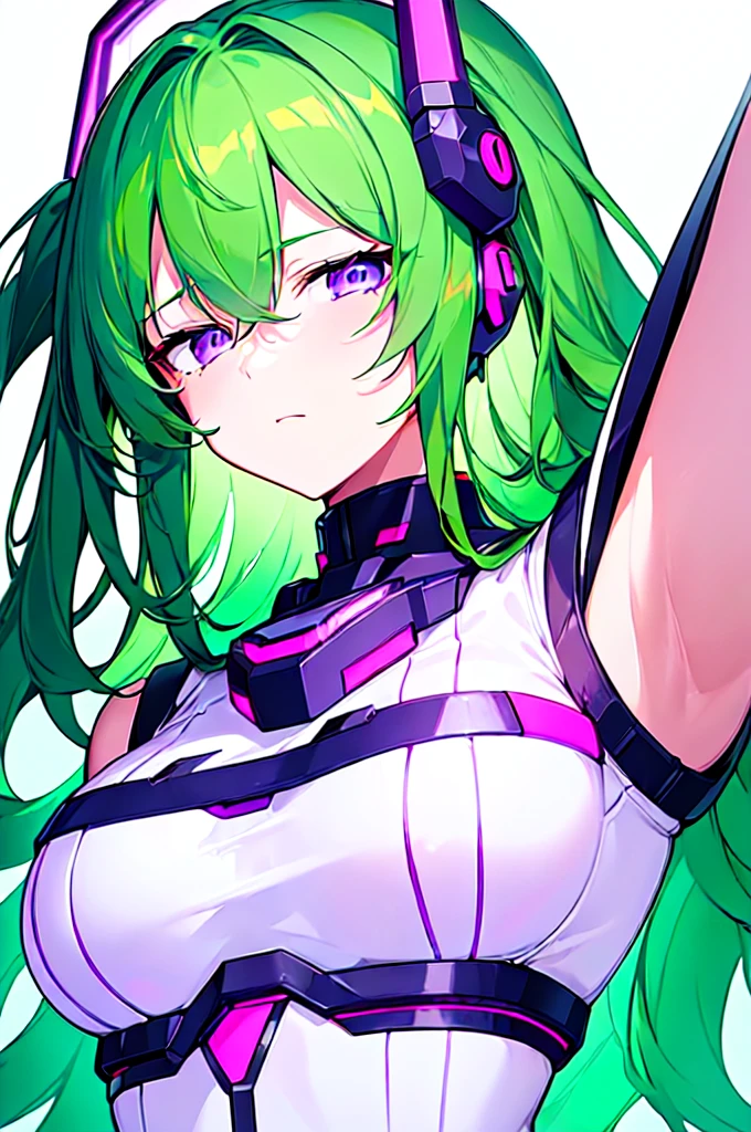 [(WHITE BACKGROUND:1.5),::5], ((((masterpiece)))), high quality, ultra very high resolution, full color, (((solo))), ((Mecha musume)), Mecha girl, ((Green hair)), (Purple eyes), anime, upper body, neon light, cyborg body, (Purple neon effect:1.2)