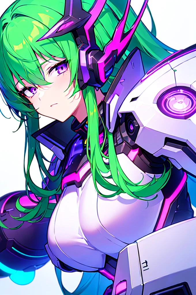 [(WHITE BACKGROUND:1.5),::5], ((((masterpiece)))), high quality, ultra very high resolution, full color, (((solo))), ((Mecha musume)), Mecha girl, ((Green hair)), (Purple eyes), anime, upper body, neon light, cyborg body, (Purple neon effect:1.2)