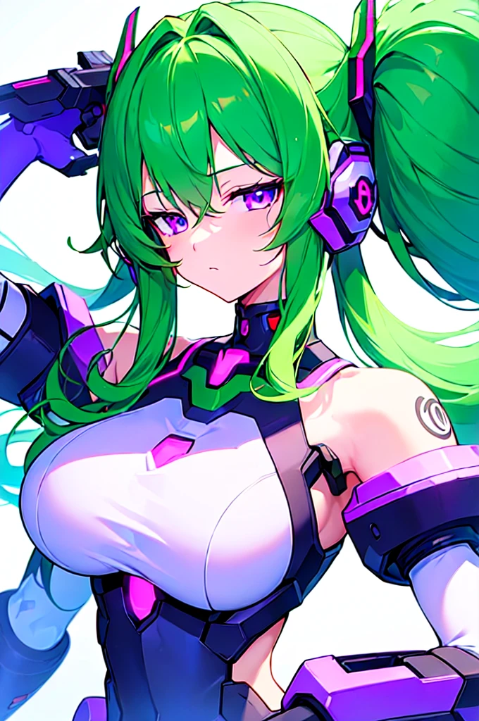 [(WHITE BACKGROUND:1.5),::5], ((((masterpiece)))), high quality, ultra very high resolution, full color, (((solo))), ((Mecha musume)), Mecha girl, ((Green hair)), (Purple eyes), anime, upper body, neon light, cyborg body, (Purple neon effect:1.2)