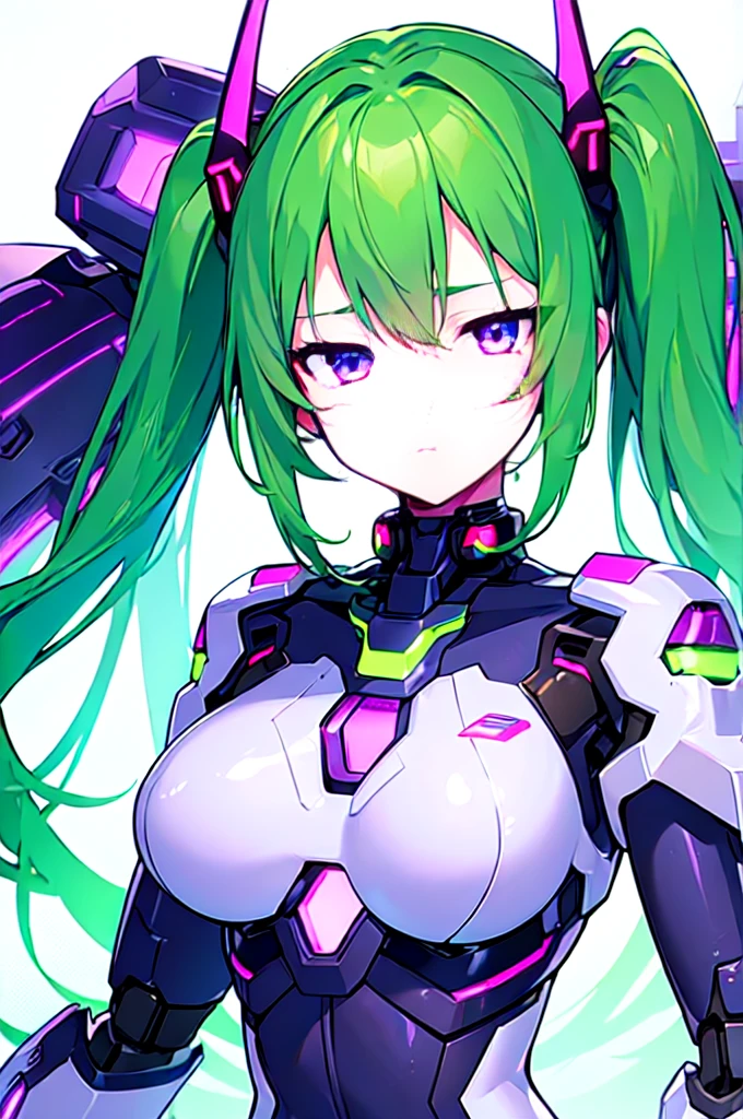 [(WHITE BACKGROUND:1.5),::5], ((((masterpiece)))), high quality, ultra very high resolution, full color, (((solo))), ((Mecha musume)), Mecha girl, ((Green hair)), (Purple eyes), anime, upper body, neon light, cyborg body, (Purple neon effect:1.2)