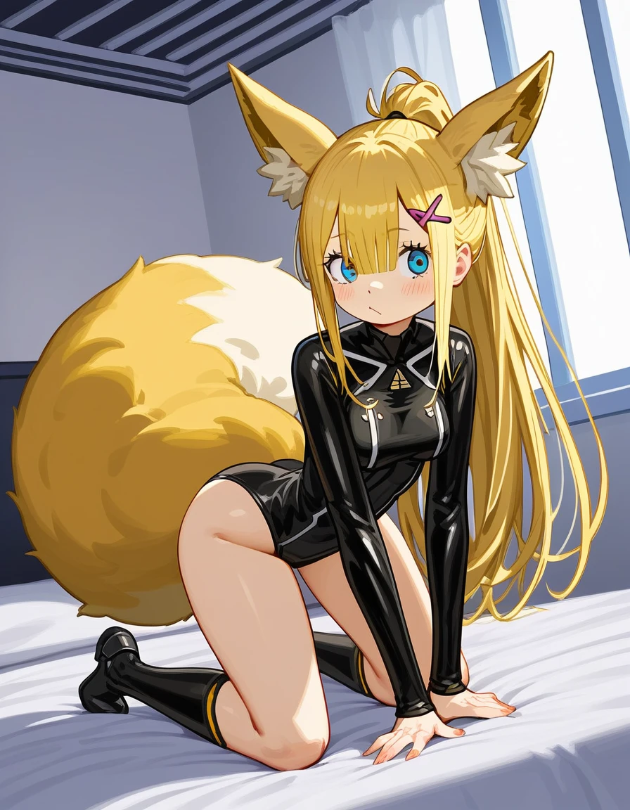 An anthro furry fox girl, yellow fox, tall, slender, thick thighs, about, black nose, fox tail,     BREAK      (((zero suit:1), (zssamus:1), ((blue eyes)), (blue sci-fi suit:1), blonde hair, ponytail, bangs hair, (masterpiece:1.2), in a futuristic bedroom, (highly detailed:1.2),(detailed face:1.2))), by fumiko, by hyattlen, her hands on her hips