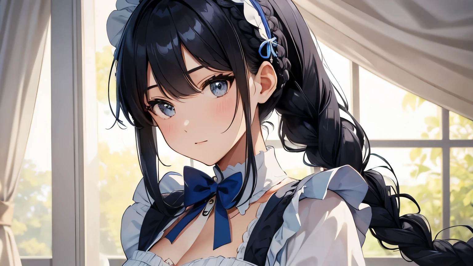 A beautiful girl wearing a blue maid outfit with lots of frills and lace Black hair braid with hair ornament Upper Body