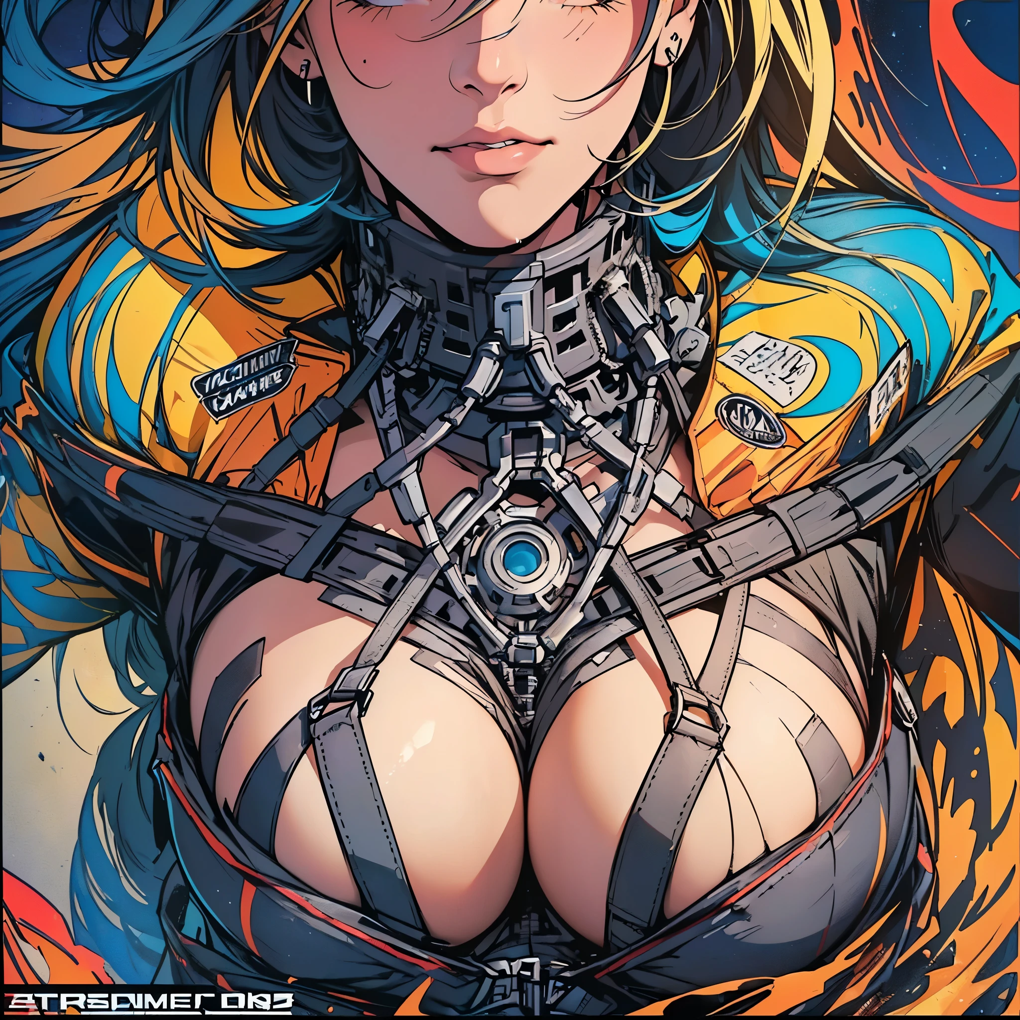 (((ultimate best quality))),((((solo:1.2)))),((((1girl:1.2)))),((((beautiful perfect woman)))),(((detailed perfect body, detailed perfect finger))),((((((ultimate movie poster)))))),(((bust up, close up))),((((detailed complicated machine)))),(((((genius mechanical))))),(((American comics))),(((extreme highlights))),(((Extremely colorful, primary colors))),(cleavage),(super beautiful lady),(((typography))),(((various angles))),(((Sweat dripping down her chest)))