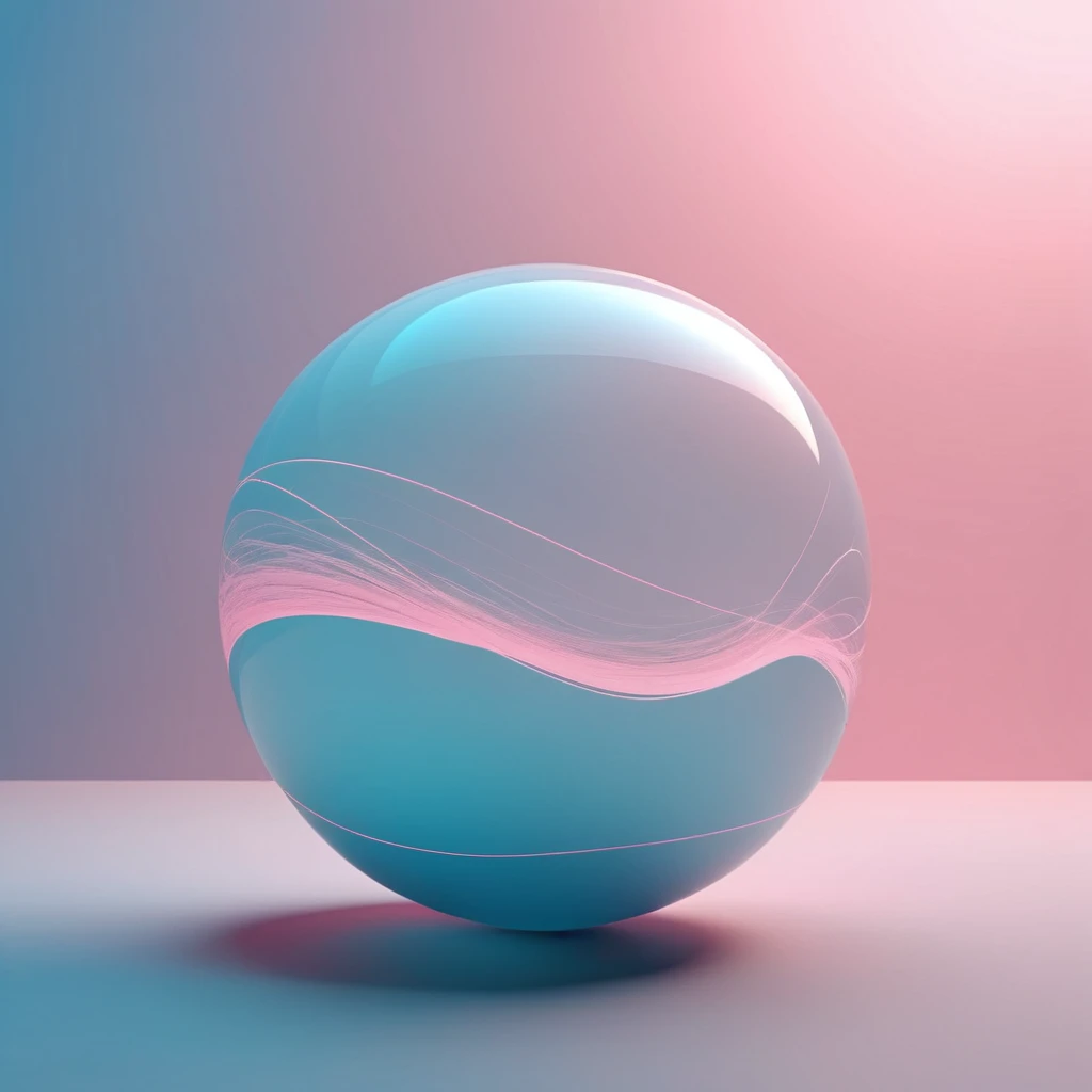 Silhouette of a sphere floating in the air、Soft body line、Faint Lines、High contrast、Rendered in a glowing light blue-pink duotone style、Expressing beauty to the fullest、Gives off a delicate glow、Inorganic、Softness、Lightness