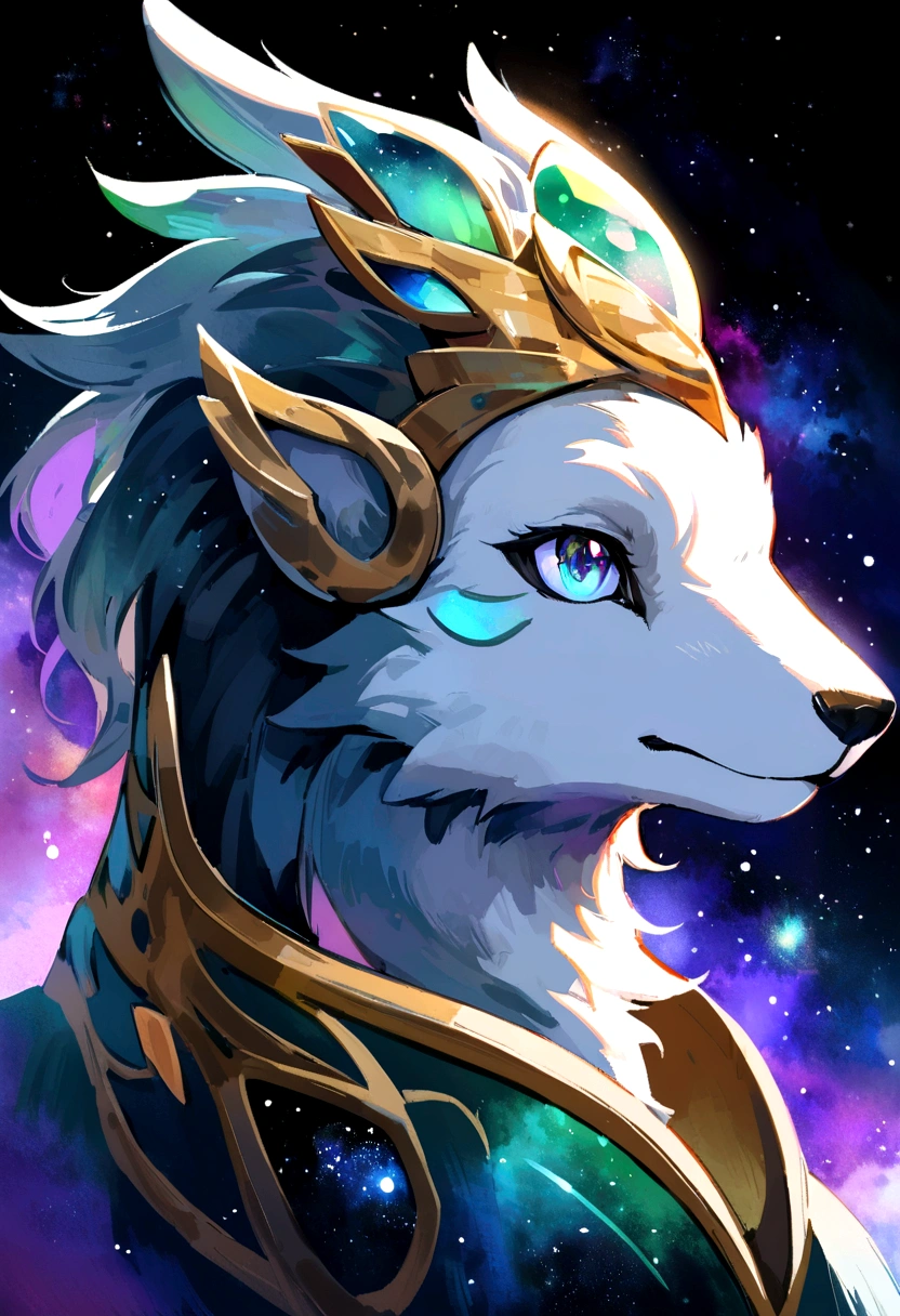 portrait of (Stolas) in space, Cosmic Colors, Grand watercolor style, (look to the side:1.1), furry, (alone:1.1),