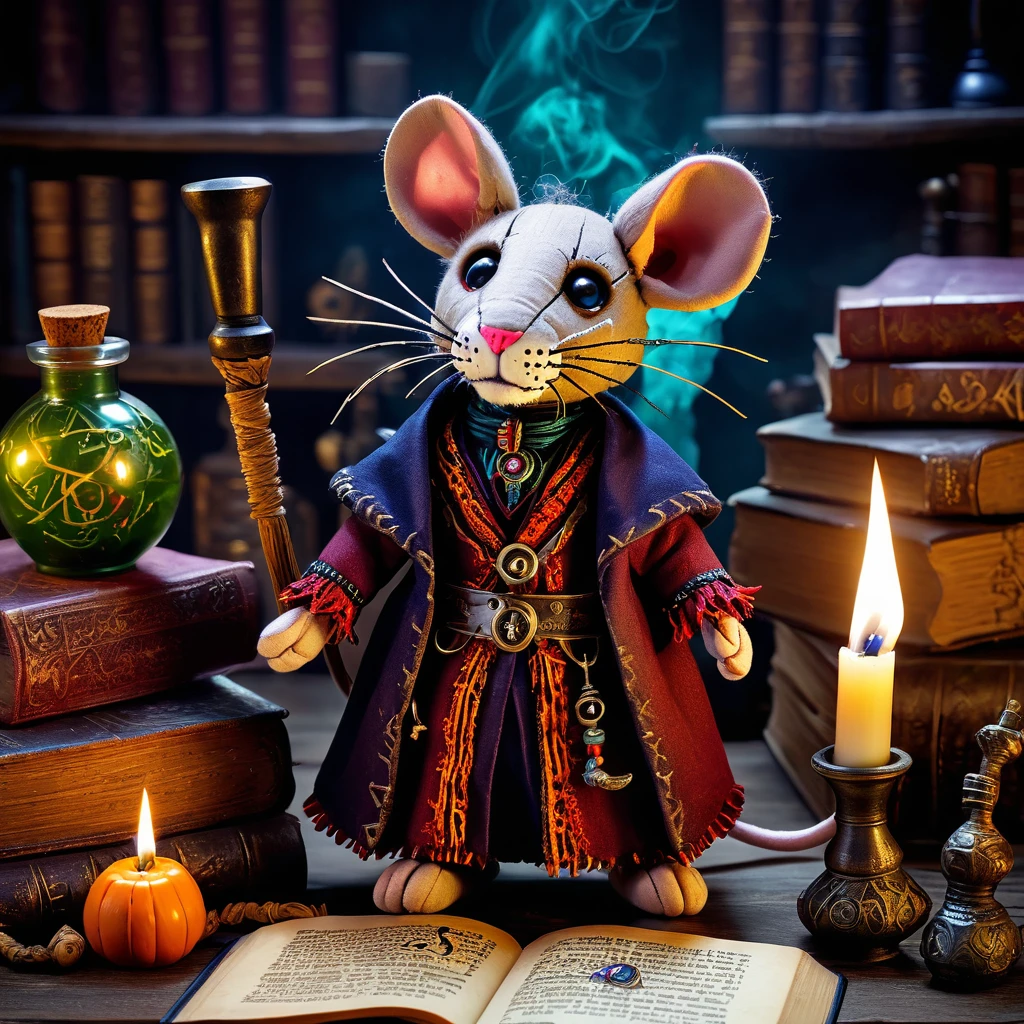 (knitted toy voodoo doll:1.7), (Voodoo Alchemist Rat:1.8), (Clothing: tattered robes with alchemical symbols:1.0), (Accessories: glowing potion bottles, mystical herbs, enchanted staff:1.2), (Background: dark laboratory with bubbling cauldrons, ancient books, and glowing runes:1.2), (full body:1.0), best quality, masterpiece, detailed soft oil painting, detailed background, dramatic cinematic lighting, soft edge lighting, professional, dramatic lighting, hard edge lighting, ultra quality, 4k, masterpiece, best quality, 8k, ultra high definition, high resolution, extremely detailed