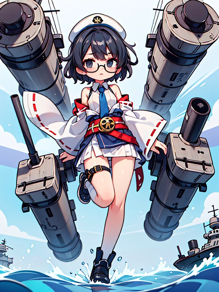 ((((Full body of a woman with perfect flat chest、solo、Short unkempt black hair、Tie your messy hair at the nape of your neck、white military jacket、Miko costume、tights、Black glasses、White military cap、Cloudy black eyes、Confused eyes、Junyo hair accessories)))), (((masterpiece))), (((Shipgirl))), ((Floating on the morning sea with both feet)), (Spread your legs wide open), (Hold the turret with your right hand), (Mechanical arms extending from the waist are used to equip the ship with battleship equipment.), (Equipped with a turret on the back), (Holds a triple turret on the left arm), Shotgun shells are attached to the thigh with a belt, Spreading the Machine&#39;s Wings, Machine tail,  Holding a shotgun, Touching the with your fingers