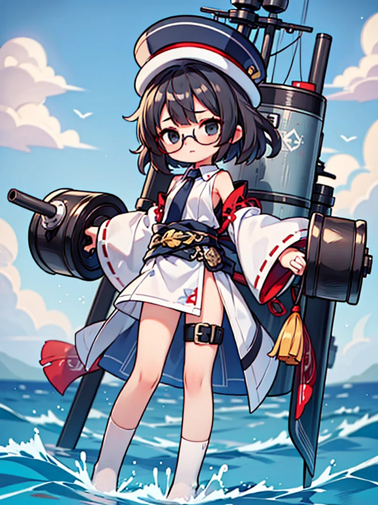 ((((Full body of a woman with perfect flat chest、solo、Short unkempt black hair、Tie your messy hair at the nape of your neck、white military jacket、Miko costume、tights、Black glasses、White military cap、Cloudy black eyes、Confused eyes、Junyo hair accessories)))), (((masterpiece))), (((Shipgirl))), ((Floating on the morning sea with both feet)), (Spread your legs wide open), (Hold the turret with your right hand), (Mechanical arms extending from the waist are used to equip the ship with battleship equipment.), (Equipped with a turret on the back), (Holds a triple turret on the left arm), Shotgun shells are attached to the thigh with a belt, Spreading the Machine's Wings, Machine tail, Holding a shotgun, Touching the with your fingers