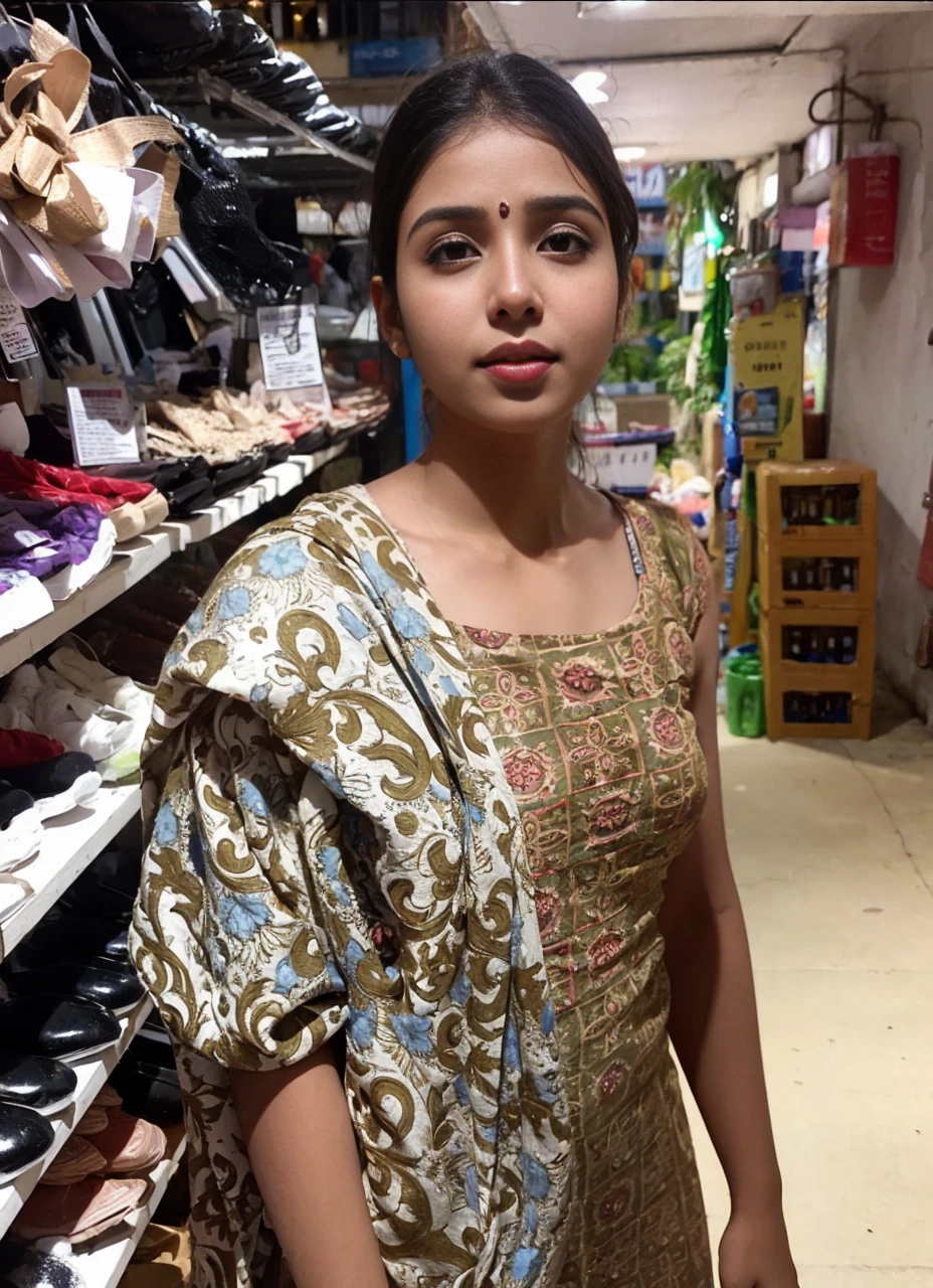 (((desi girl))), chubby face, natural skin, wearing hot deep neck top and dupatta, charming black hair, ((hair ends are blonde)), city streets background, bokeh