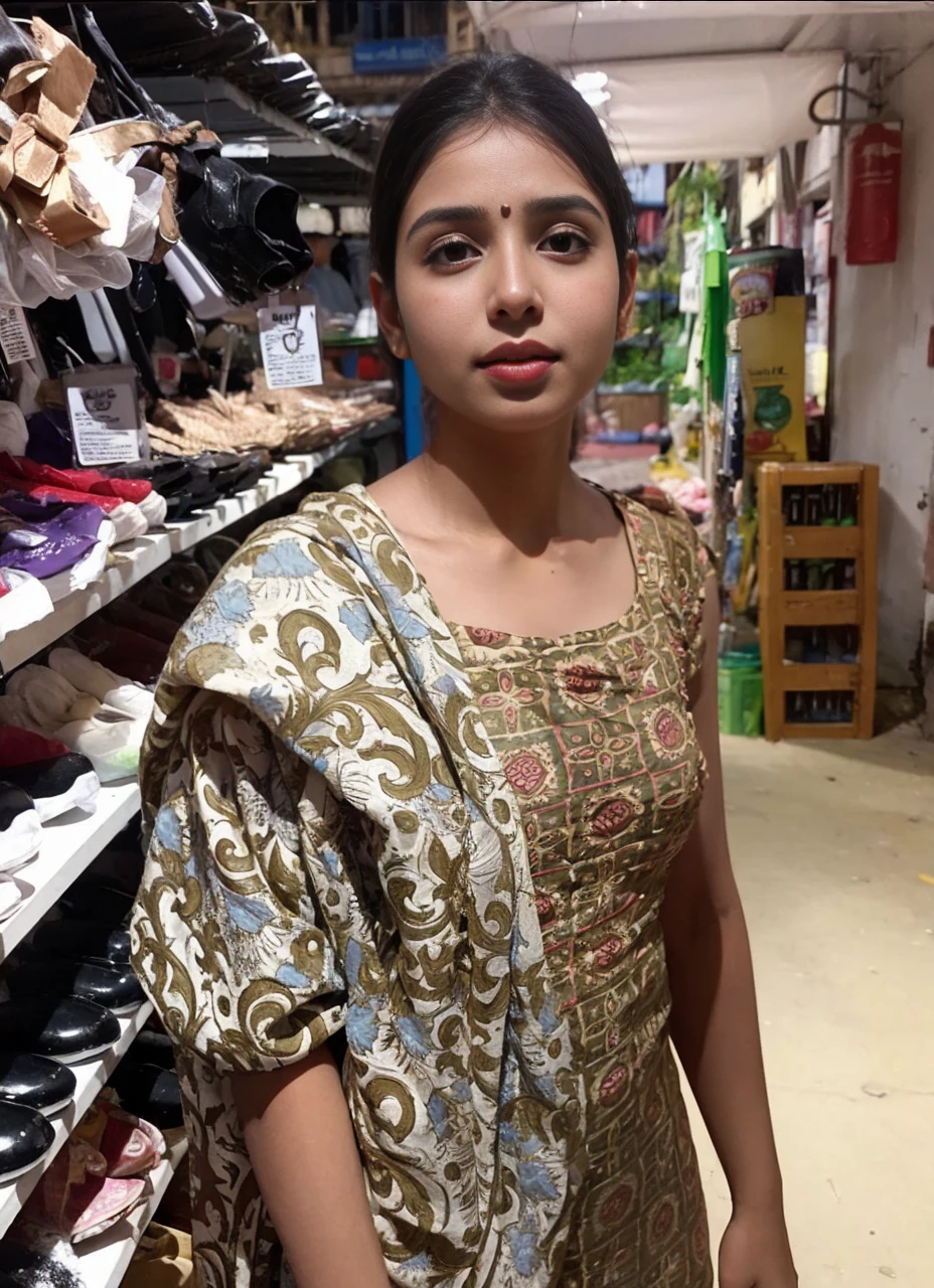 (((desi girl))), chubby face, natural skin, wearing hot deep neck top and dupatta, charming black hair, ((hair ends are blonde)), city streets background, bokeh