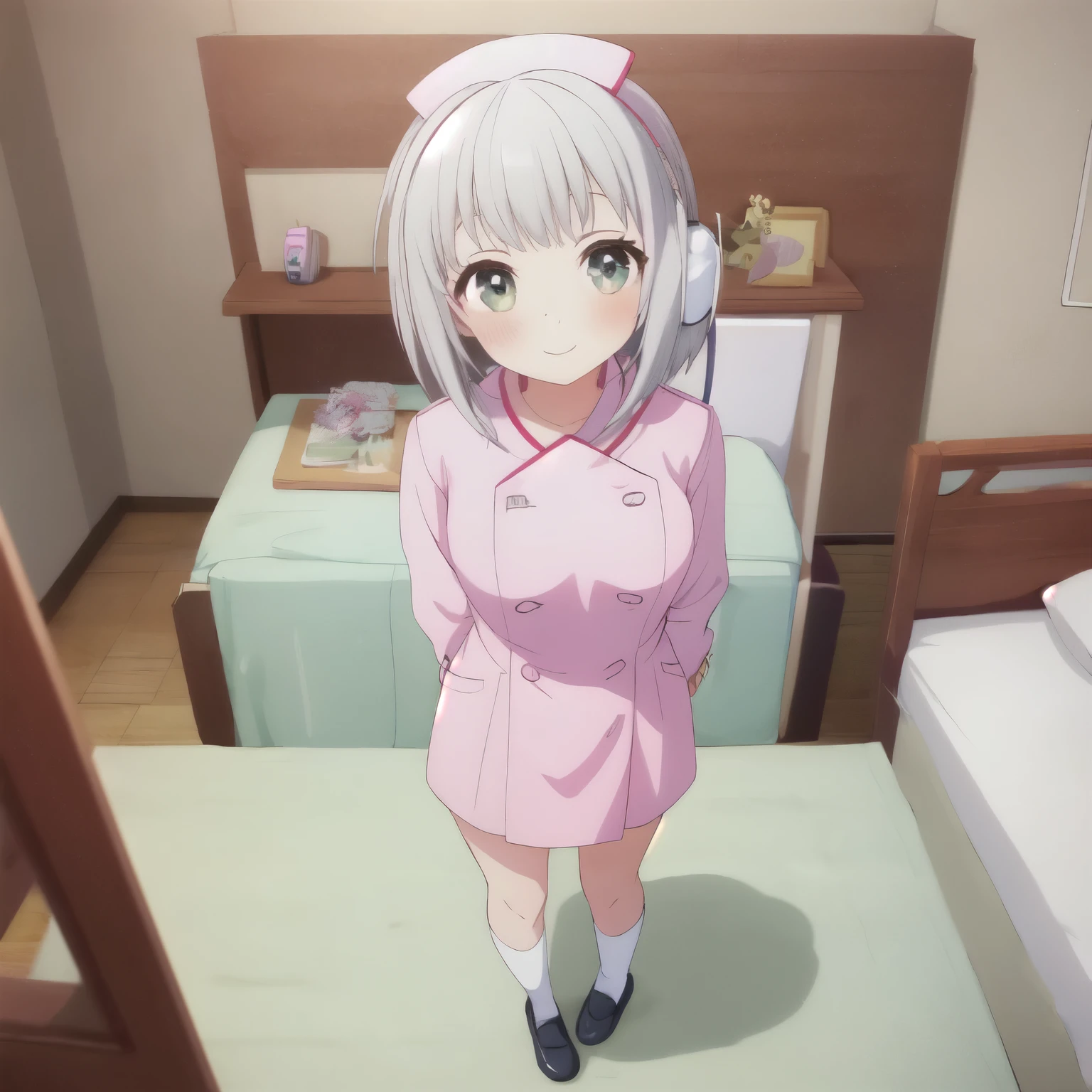 1girl,White Hair、Messy Hair、Highest quality, Very detailed, (masterpiece),Perfect proportions、Nurse uniform、White socks、Red glasses、Long sleeve、smile、One girl、headphone、View your viewers、bed,Right in front of you、Peek into,arms behind back,standing