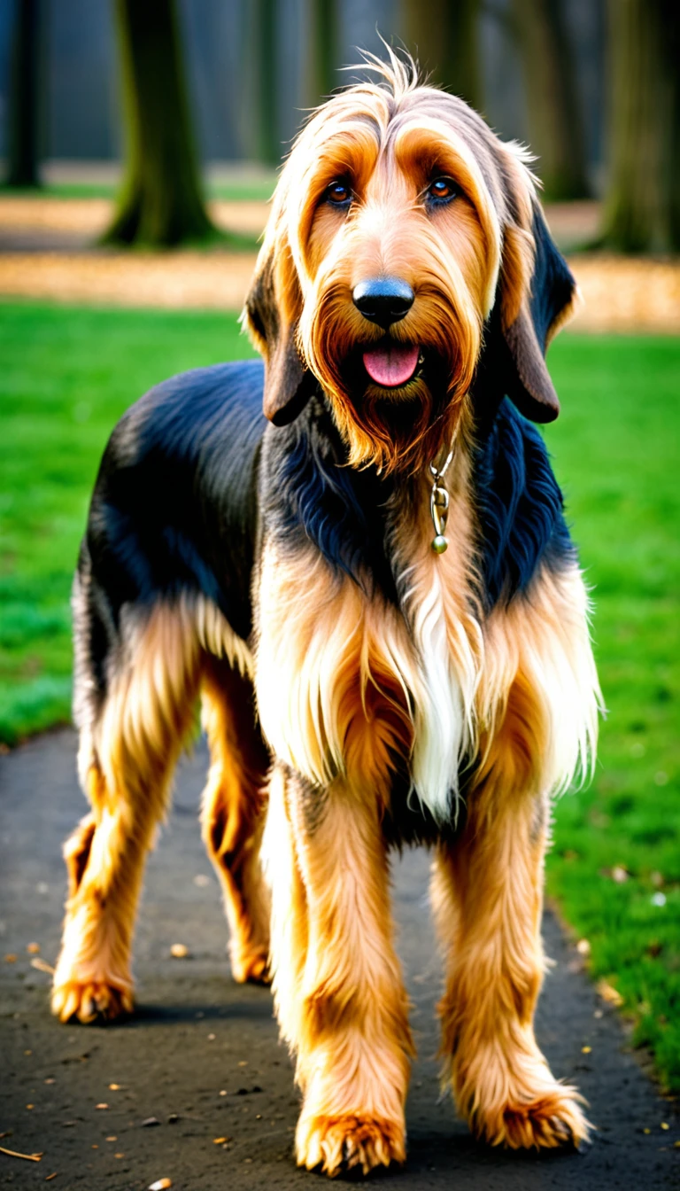 There is no one, realistic photo, photo realism, realism, Otterhound (Otterhound), perfect composition, intricate details, Very sharp, masterpiece, profile, high resolution, looking at the viewer, Full body photo in the dog park