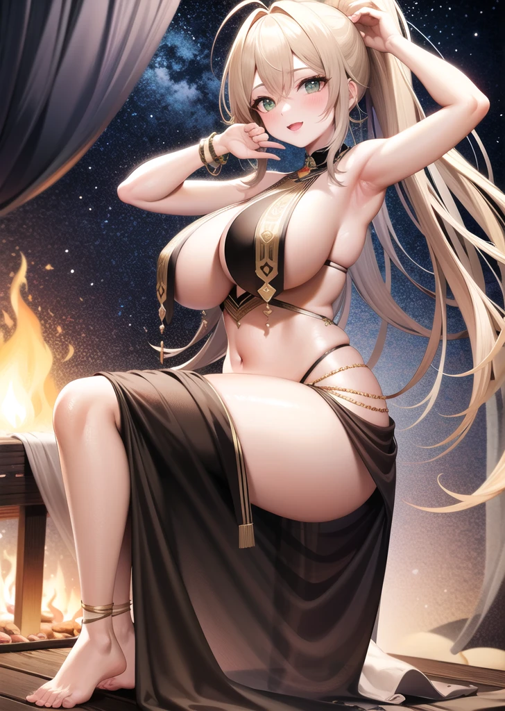 masterpiece, Highest quality, Official Art, Highly detailed CG Unity 8k wallpaper, Detailed Background, (Handcrafted by Guido Daniele),(Finger details) ,Mature Girl 1, (Belly Dancer:1.1), (Curvy), Are standing, (Belly Dance Poses), (Shake your ass), (Put your arms behind your head), (White lace gypsy costume:1.2), ((White lace chest curtain:1.14)), (Delicate Jewelry), (Long blonde hair:1.12), (Ahoge:1.13), (High Ponytail:1.11), (Green Eyes:1.13), blush, Captivating smile, Huge breasts, Cleavage, Narrow waist, belly button, Shiny skin, Outdoor,(night),Starry Sky, (Gypsy Tent), (campfire),