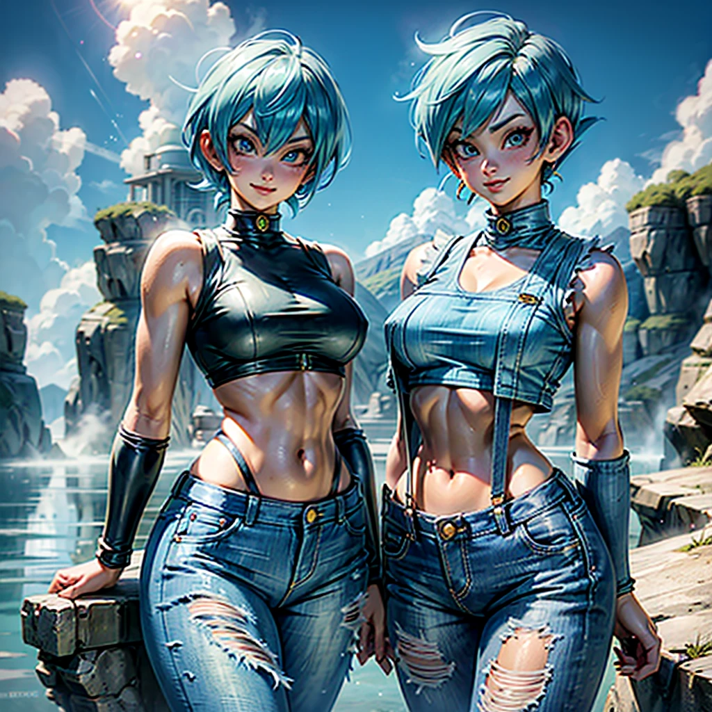 Masterpiece, Best Quality, high resolution, 1 girl, misty (dragon ball), BULMA, Alone, Bermuda, suspenders, by cyan, diaphragm, blue crop top, belly button, short hair, denim, denim Bermuda,, SMILE, cowboy shot, outdoor, under the tits, medium breasts, Externally expanded chest,