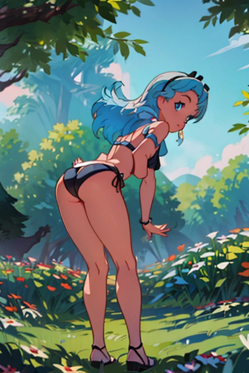 (masterpiece:1.4), (best qualit:1.4), (high resolution:1.4), alice liddell, blue micro bikini, black hairband, smile, looking at viewer, graphic, seductive posture, accurate anatomy , (bent over :1.3) , ass, W , ((string, thong,)):1.3 , rear view , looking at viewer , pressenting, exposed , seductive posture, bent over, sexy posalluring,