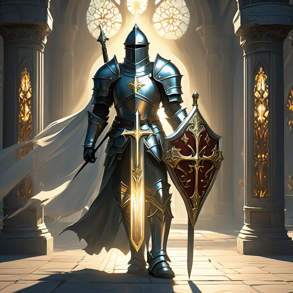 Visualize a medieval fantasy holy knight paladin standing resolute in the midst of a serene, sacred glade. Clad in gleaming, silver armor adorned with golden inlays and divine symbols, the paladin exudes an aura of righteous power and unwavering faith. In one hand, they grip a radiant sword, its blade shining with a holy light that seems to banish the surrounding shadows. The hilt is intricately designed, featuring a cross-guard embedded with precious gems that pulse with divine energy. In the other hand, the paladin holds a shield emblazoned with the emblem of their order, symbolizing protection and justice. The serene backdrop of the glade, with its ancient trees and gently glowing flora, enhances the sense of peace and sanctity. Capture the essence of valor and piety as this holy knight stands ready to defend the realm against the forces of darkness in a medieval fantasy world."
