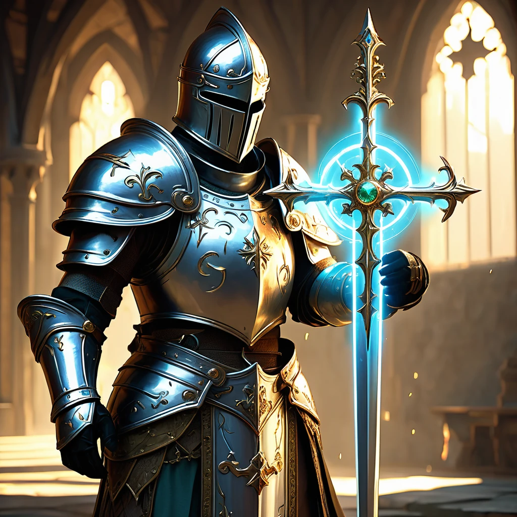 Visualize a medieval fantasy holy knight paladin standing resolute in the midst of a serene, sacred glade. Clad in gleaming, silver armor adorned with golden inlays and divine symbols, the paladin exudes an aura of righteous power and unwavering faith. In one hand, they grip a radiant sword, its blade shining with a holy light that seems to banish the surrounding shadows. The hilt is intricately designed, featuring a cross-guard embedded with precious gems that pulse with divine energy. In the other hand, the paladin holds a shield emblazoned with the emblem of their order, symbolizing protection and justice. The serene backdrop of the glade, with its ancient trees and gently glowing flora, enhances the sense of peace and sanctity. Capture the essence of valor and piety as this holy knight stands ready to defend the realm against the forces of darkness in a medieval fantasy world."