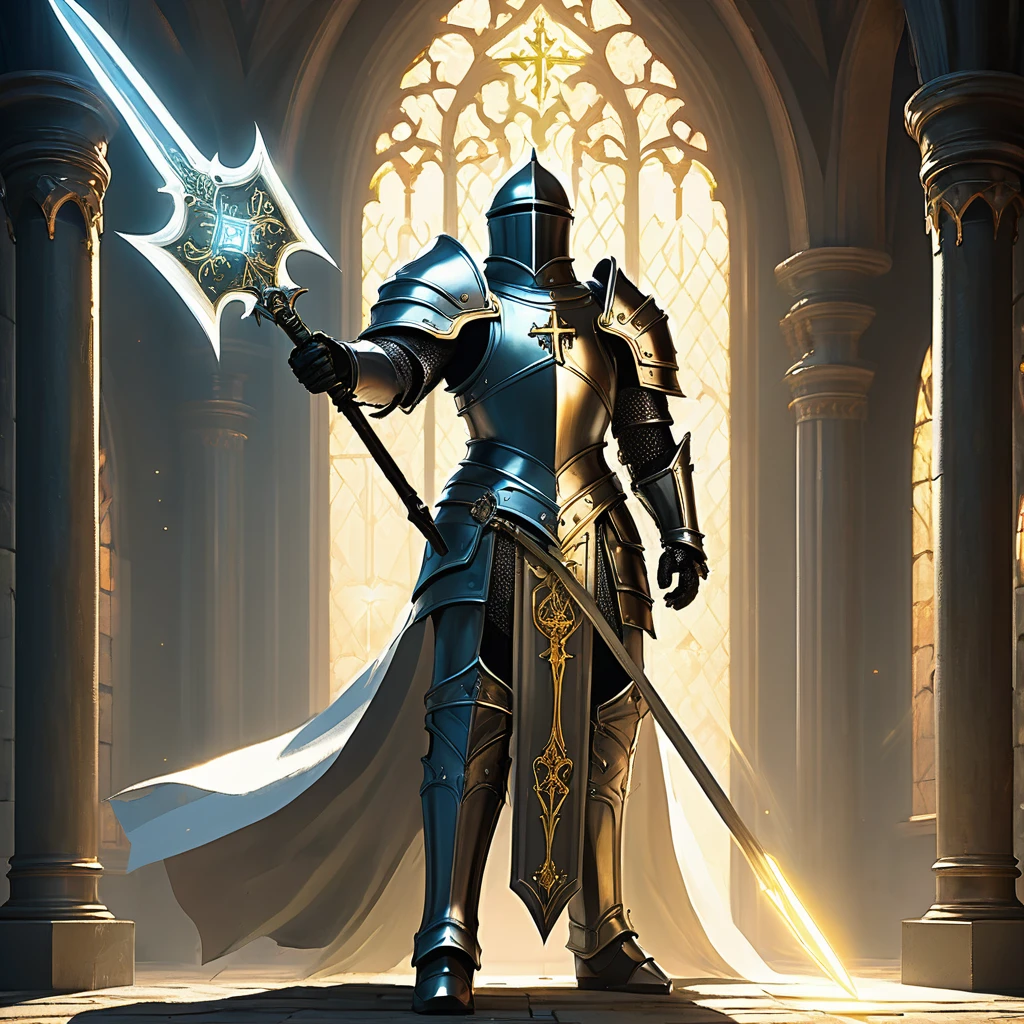 Visualize a medieval fantasy holy knight paladin standing resolute in the midst of a serene, sacred glade. Clad in gleaming, silver armor adorned with golden inlays and divine symbols, the paladin exudes an aura of righteous power and unwavering faith. In one hand, they grip a radiant sword, its blade shining with a holy light that seems to banish the surrounding shadows. The hilt is intricately designed, featuring a cross-guard embedded with precious gems that pulse with divine energy. In the other hand, the paladin holds a shield emblazoned with the emblem of their order, symbolizing protection and justice. The serene backdrop of the glade, with its ancient trees and gently glowing flora, enhances the sense of peace and sanctity. Capture the essence of valor and piety as this holy knight stands ready to defend the realm against the forces of darkness in a medieval fantasy world."