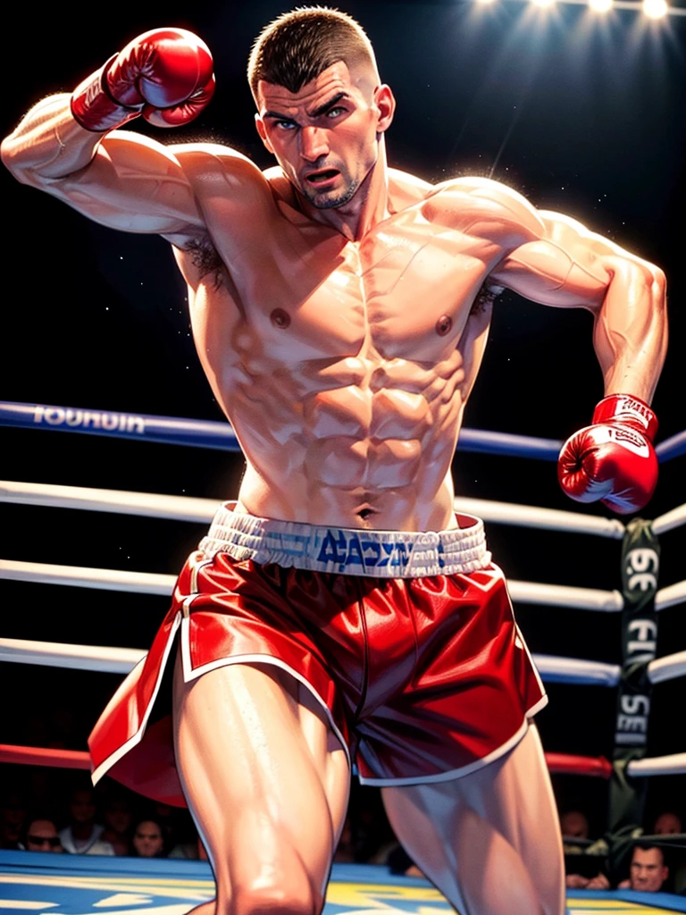 Highest quality,Highest Resolution,A fighter like Peter Aerts standing in the ring and striking a fighting pose,