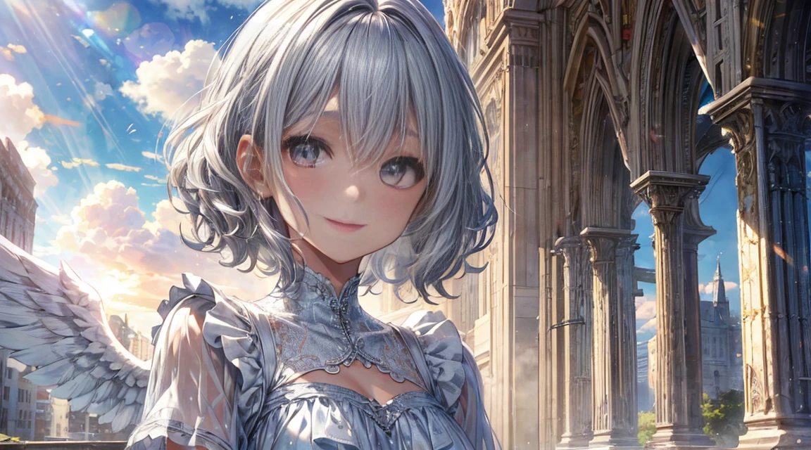 Fair skin, Silver Hair, short, Curly Hair, Angel, Grey Dress, A kind smile, Sunlight shining through the gaps in the clouds
