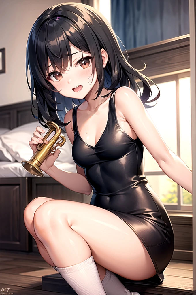high resolution。High resolution、Low - Angle、masterpiece、Beautiful black-haired girl、、Round eyes、Playing the Trumpet、White sleevelesiniskirt and knee socks。sweating、high resolution8K