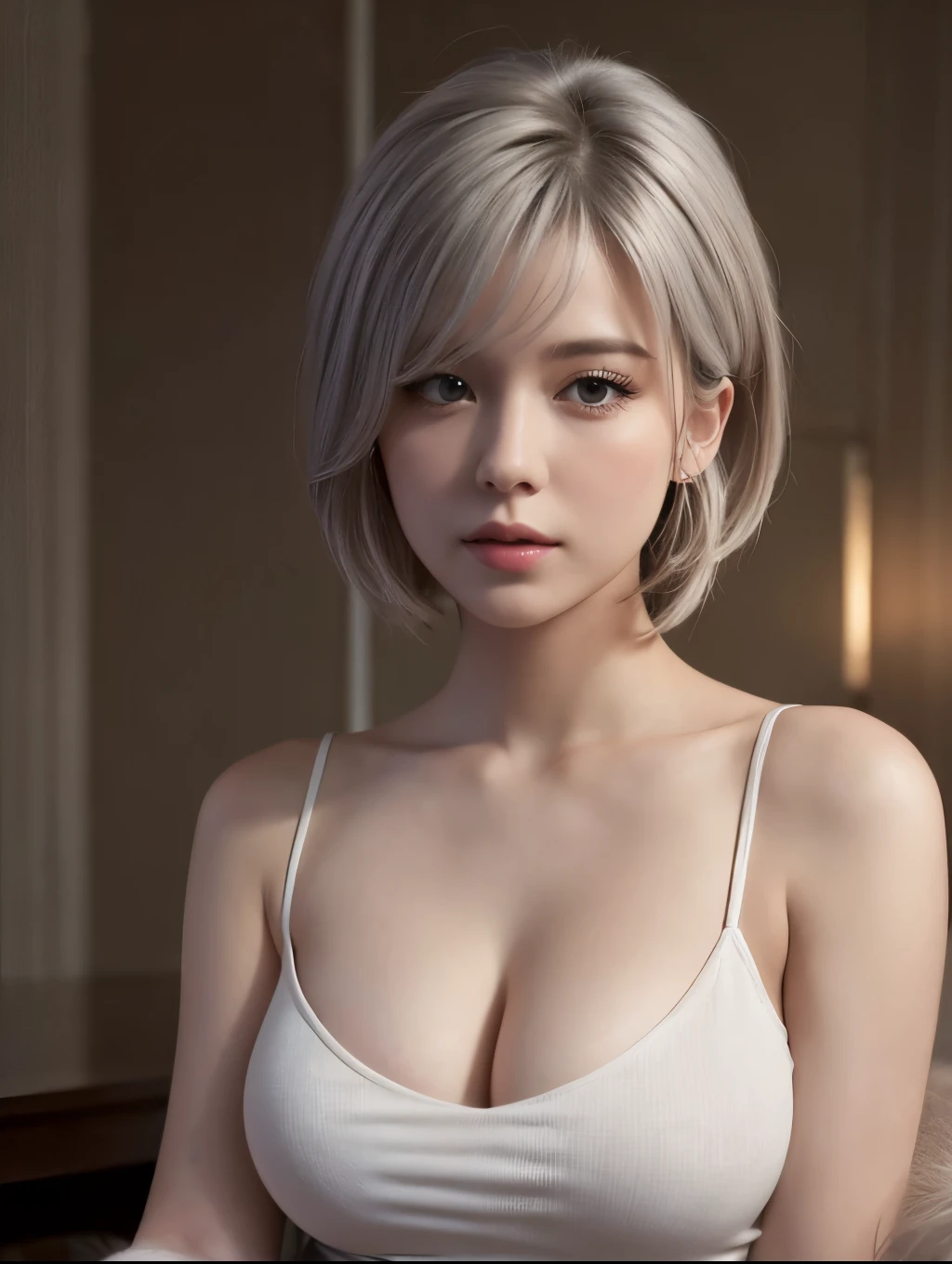 Best Quality, Masterpiece, Ultra High Resolution, (Realisticity: 1.4), Original Photo, 1girl, white Off-the-Shoulder tanktop, Cinematic Lighting, Large soft breasts, short straight grey hair color, necklake, cleavage 