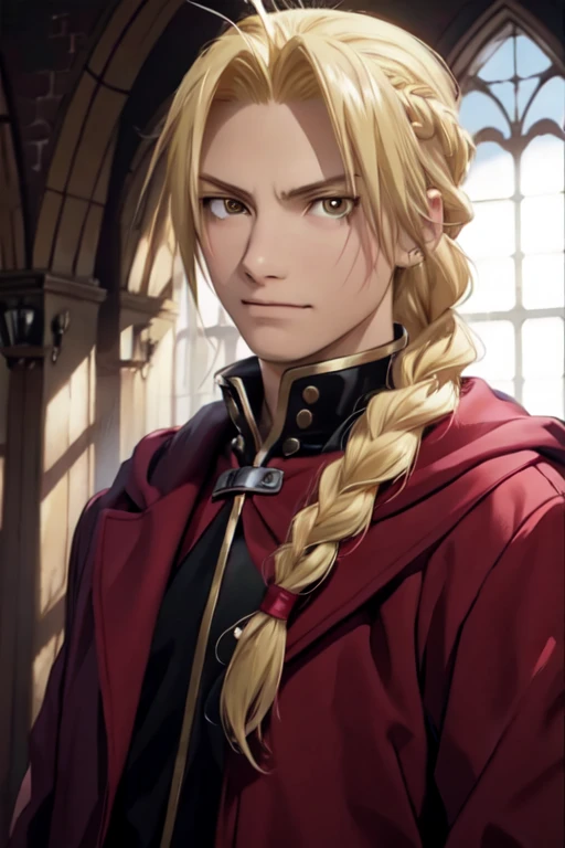 masterpiece, best quality, wallpaper, 1boy, solo, male focus, looking at viewer, realistic, [[edward_elric|blonde ikemen]:edward_elric:16]blonde hair, yellow eyes, braid, single braid, braided ponytail, single mechanical arm, 32k resolution, (upper body:1.5), black clothes, red coat
BREAK
edward_elric 