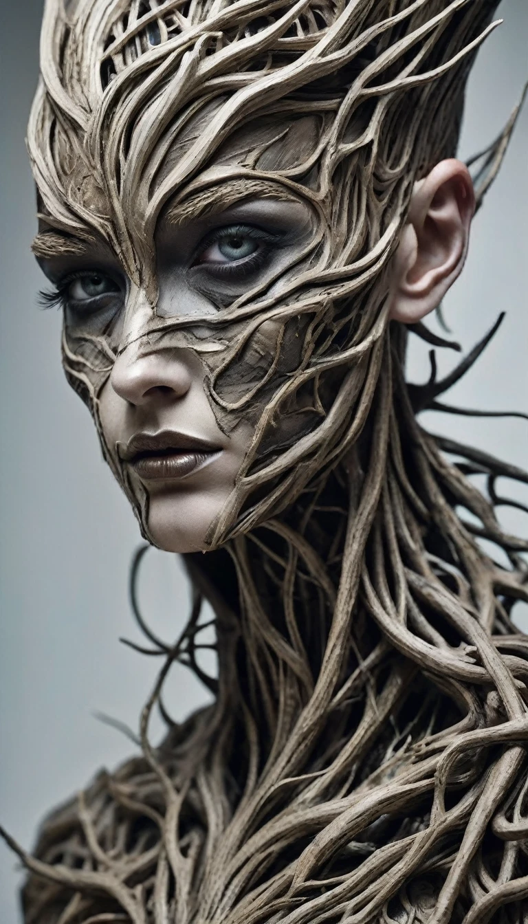 a close up of a person with makeup on, a surrealist sculpture, inspired by Darek Zabrocki, tumblr, gothic art, ray swanland, intricate roots, nagash editorial, highly detailed face and hand, detailed high definition representation of decayed muscle tissue, weird and disturbing atmosphere, novel visual art that shocks the eyes, ultra-high definition and ultra-delicate skin