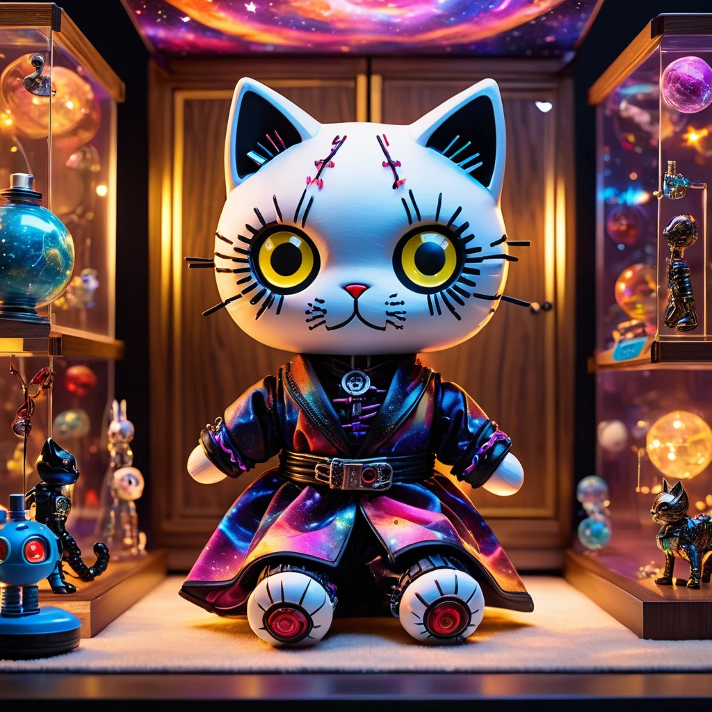 (knitted toy voodoo doll:1.9), (Voodoo cat:1.3), (Clothing: color-changing robe with galaxy and star patterns, high transparent boots:1.0), (Accessories: crystal cube containing miniature universes, mechanical glasses with multiple rotating lenses:1.2), (background: laboratory with floating architectural models, doors to different dimensions, sparkling screens showing parallel worlds:1.2), best quality, masterpiece, detailed soft oil painting, detailed background, dramatic cinematic lighting, soft edge lighting, professional, dramatic lighting, hard edge lighting, ultra quality, 4k, masterpiece, best quality, 8k, ultra high definition, high resolution, extremely detailed