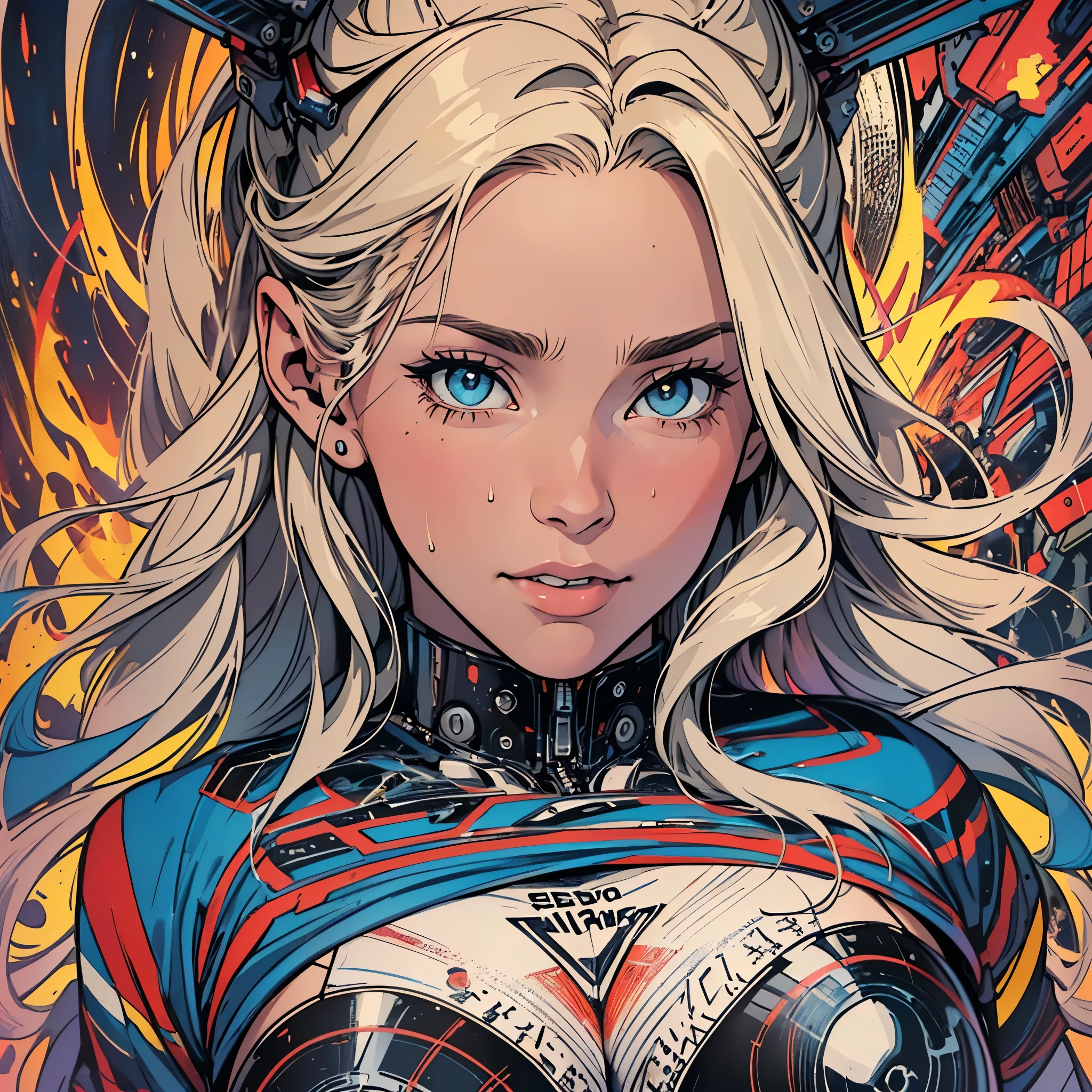 (((ultimate best quality))),((((solo:1.2)))),((((1girl:1.2)))),((((beautiful perfect woman)))),(((detailed perfect body, detailed perfect finger))),((((((ultimate movie poster)))))),(((bust up, close up))),((((detailed complicated machine)))),(((((genius mechanical))))),(((American comics))),(((extreme highlights))),(((Extremely colorful, primary colors))),(cleavage),(super beautiful lady),(((typography))),(((various angles))),(((Sweat dripping down her chest)))