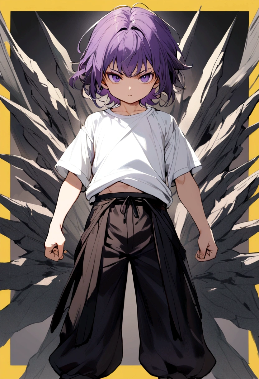 6 years old boy, purple hair with bangs, dark purple eyes, black 2-strap pants, white t-shirt with yellow border. arrogant