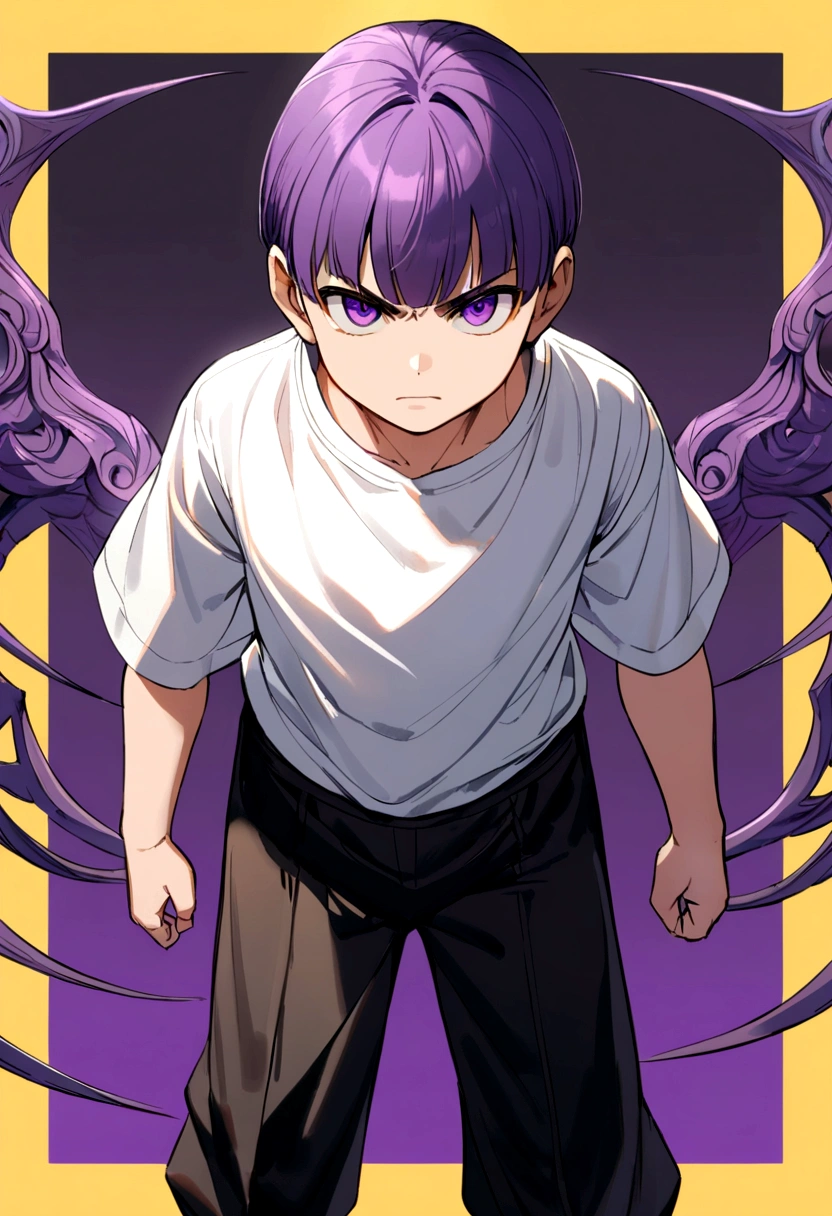6 years old boy, purple hair with bangs, dark purple eyes, black 2-strap pants, white t-shirt with yellow border. arrogant