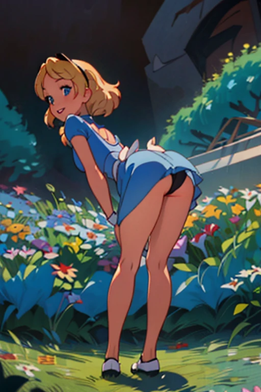 (masterpiece:1.4), (best qualit:1.4), (high resolution:1.4), alice liddell, blue micro bikini, black hairband, smile, looking at viewer, pornographic, seductive posture, accurate anatomy , (bent over :1.3) , ass, NSFW , ((string, thong,)):1.3 , rear view , looking at viewer , pressenting, exposed , seductive posture, bent over, sexy pose, alluring,